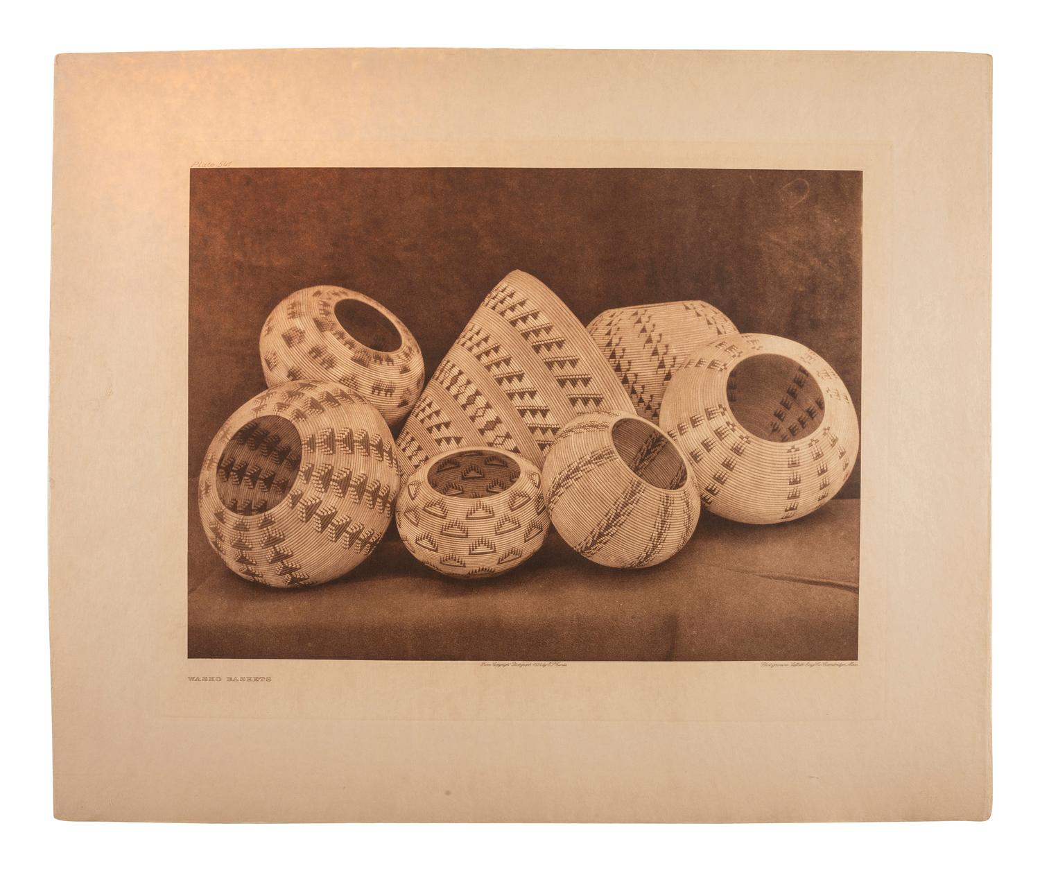 CURTIS, Edward (1868-1952). A group of 8 photogravures of Pomo, Washo, Yokuts and other California Native American baskets, portfolios 14 and 15: