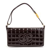 A Chanel Brown Quilted Patent Leather Bag. 9 1/2 x 4 1/2 x 2 inches.