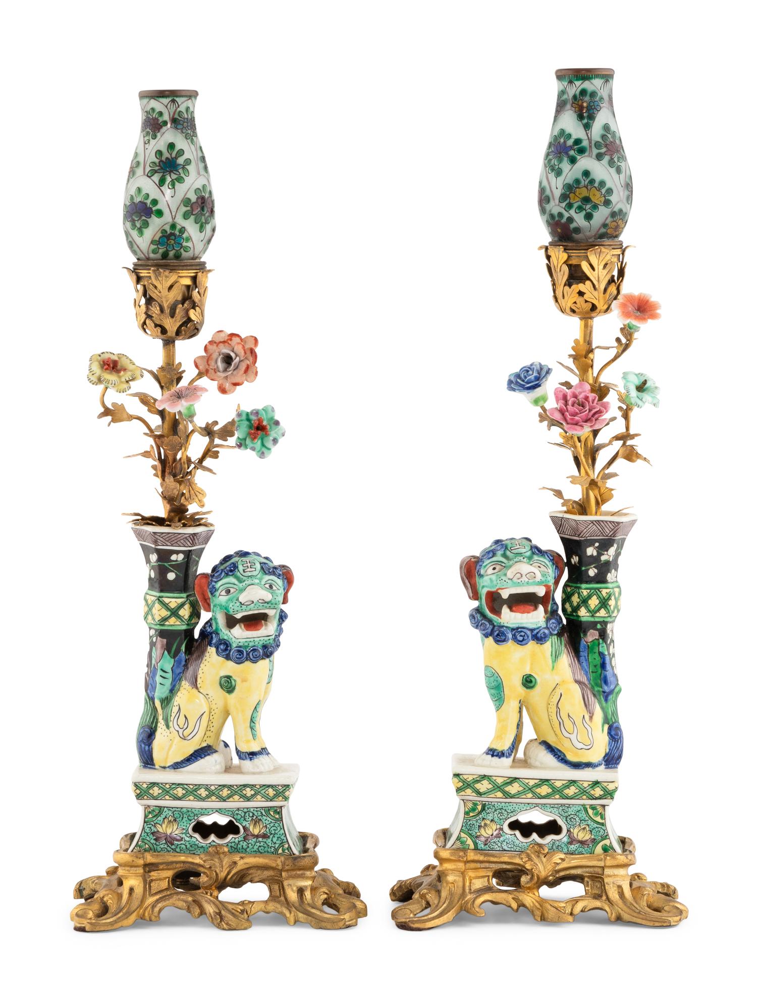 A Pair of Gilt Bronze Mounted Chinese Porcelain Foo Dog Lamps