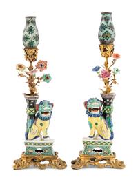 A Pair of Gilt Bronze Mounted Chinese Porcelain Foo Dog Lamps