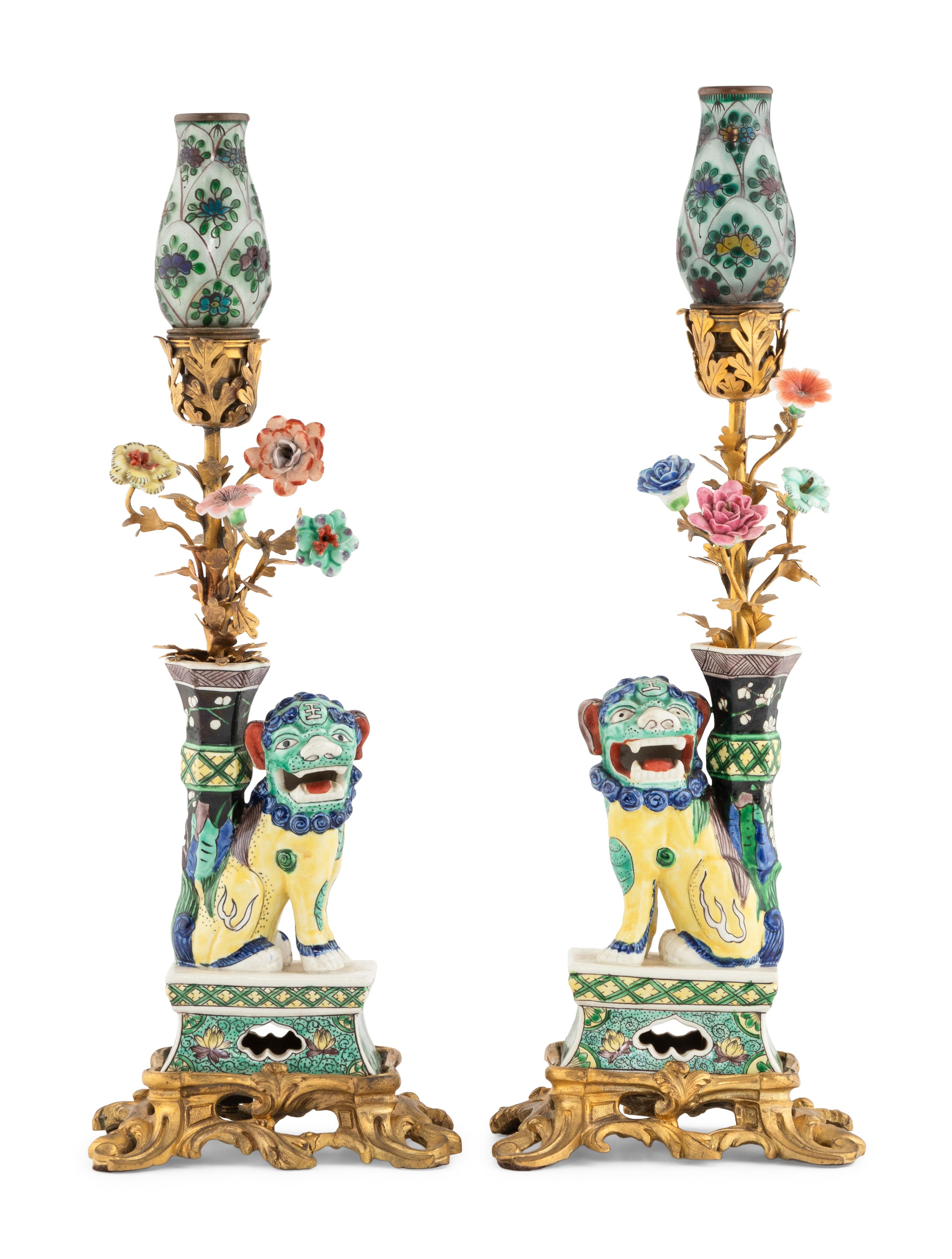 A Pair of Gilt Bronze Mounted Chinese Porcelain Foo Dog Lamps