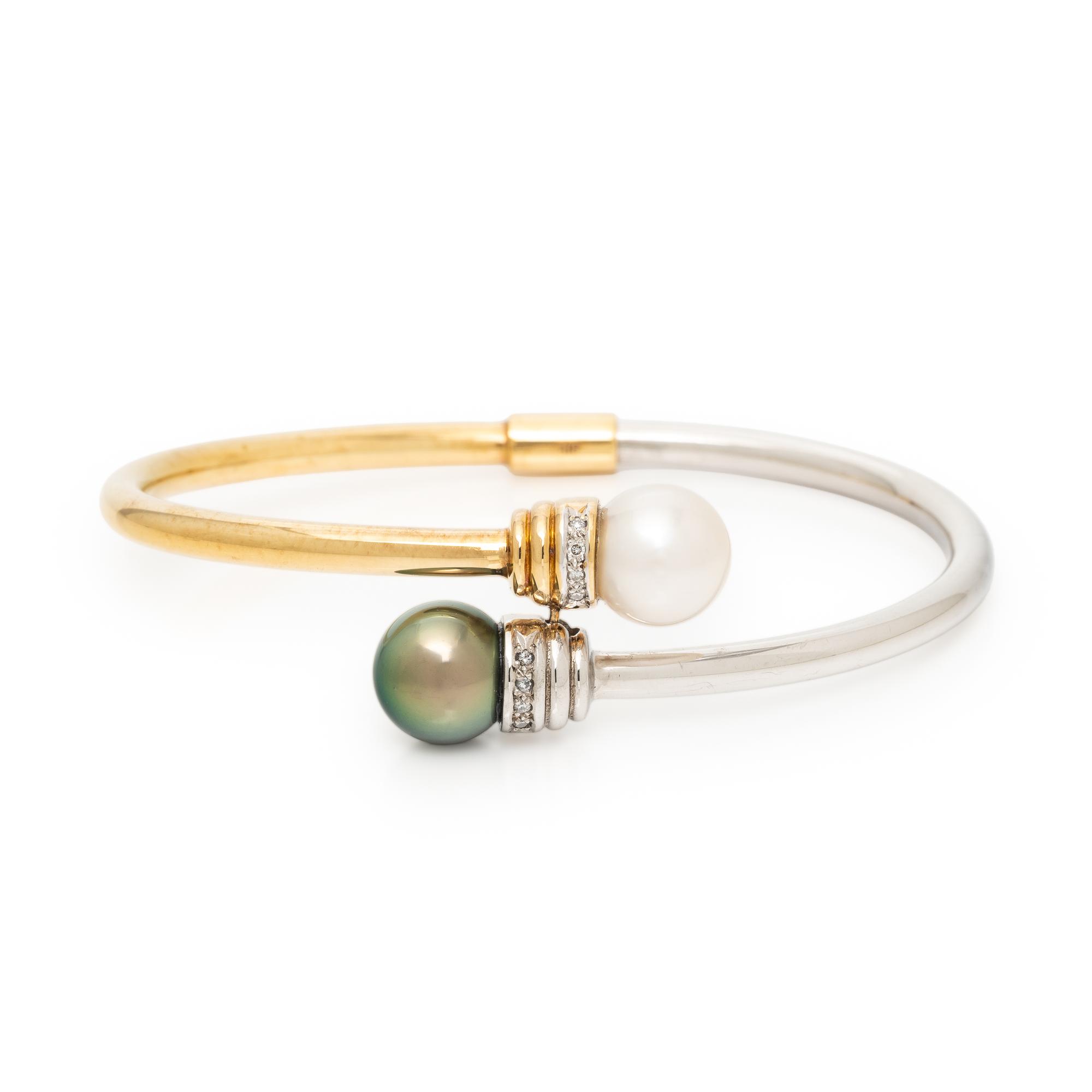 Cultured Pearl, Diamond, and Bicolor Gold Flexible Cuff Bracelet