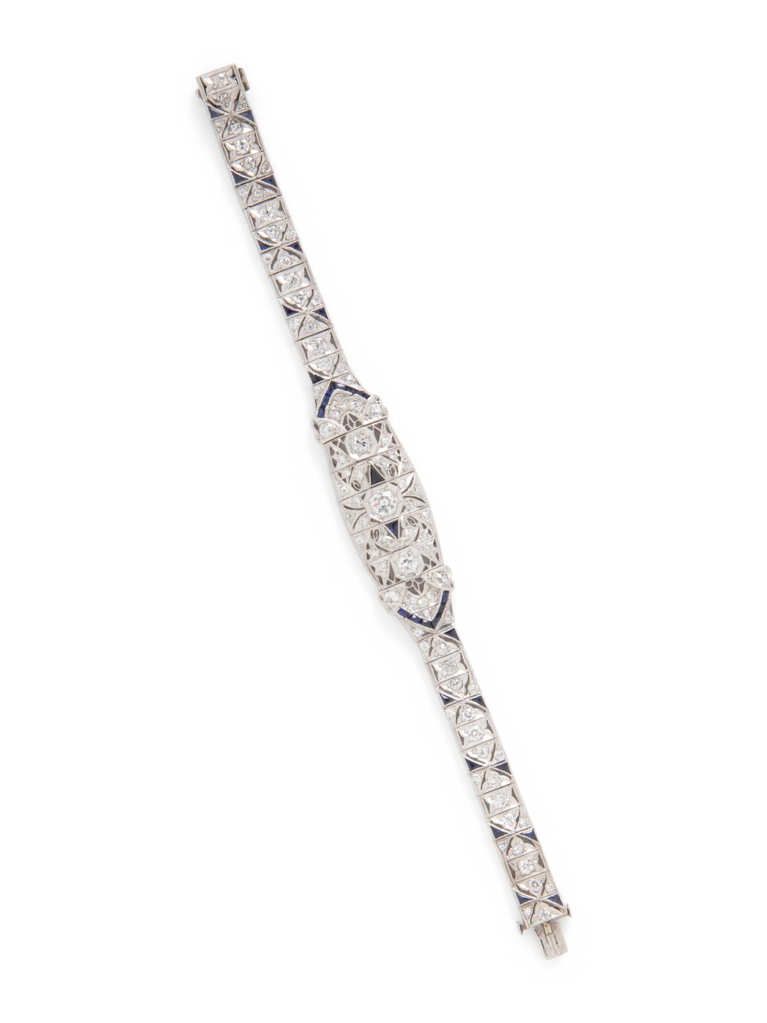ART DECO, PLATINUM, DIAMOND, AND SYNTHETIC SAPPHIRE BRACELET