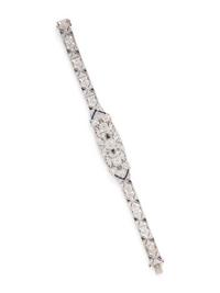 ART DECO, PLATINUM, DIAMOND, AND SYNTHETIC SAPPHIRE BRACELET