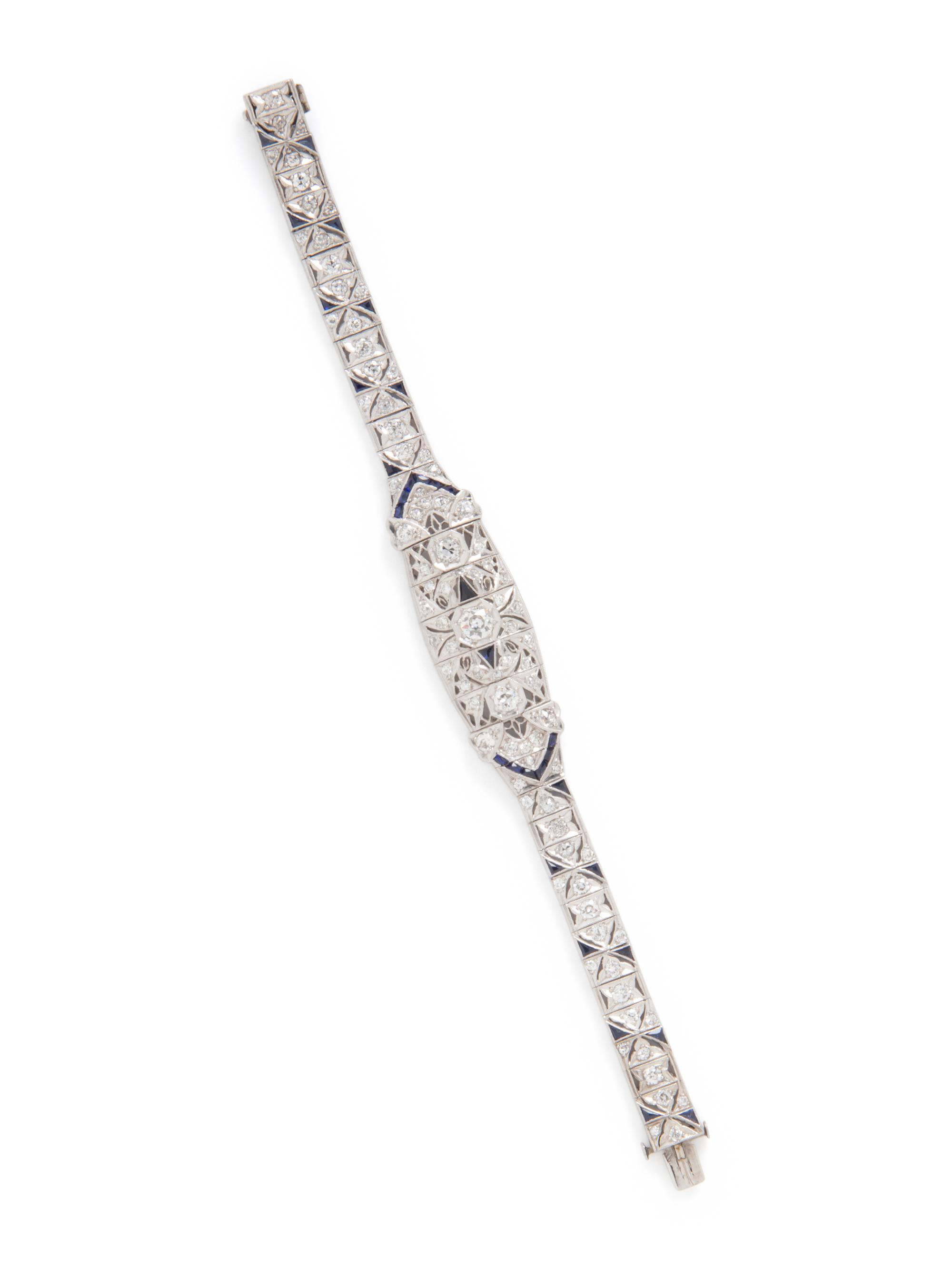 ART DECO, PLATINUM, DIAMOND, AND SYNTHETIC SAPPHIRE BRACELET