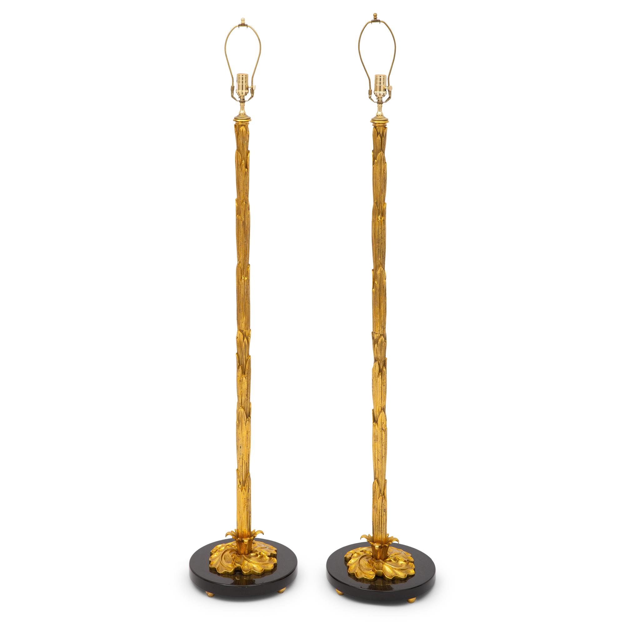 A Pair of Contemporary Gilt Bronze and Marble Floor Lamps