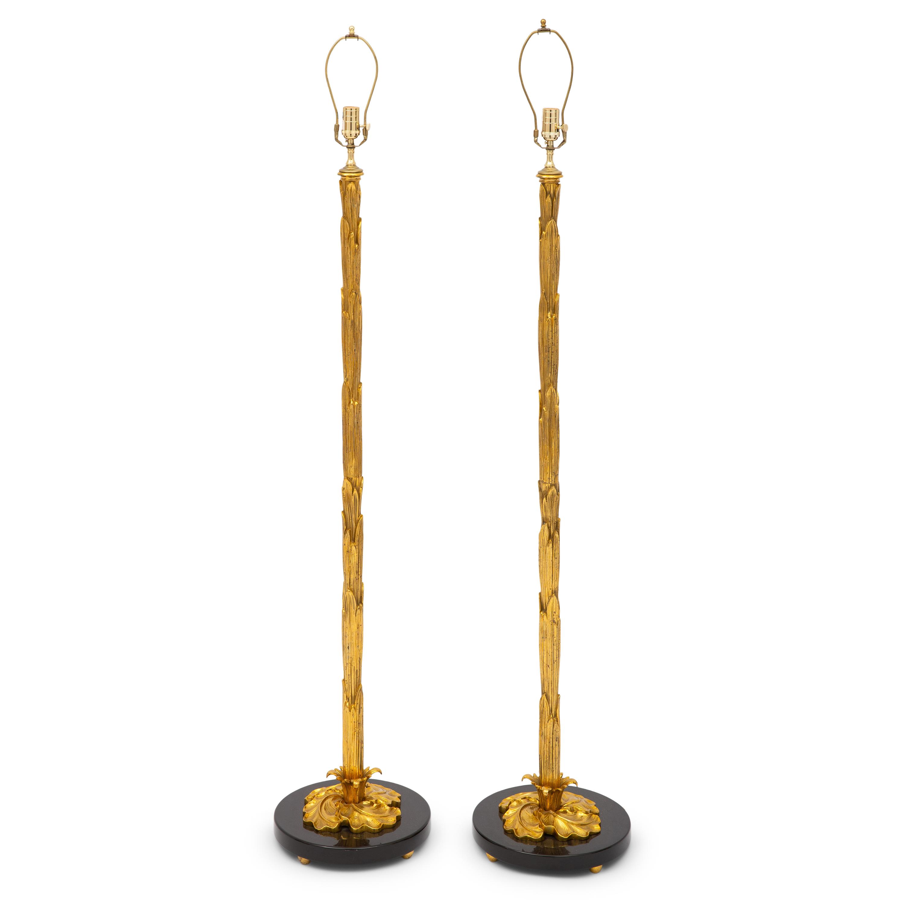 A Pair of Contemporary Gilt Bronze and Marble Floor Lamps