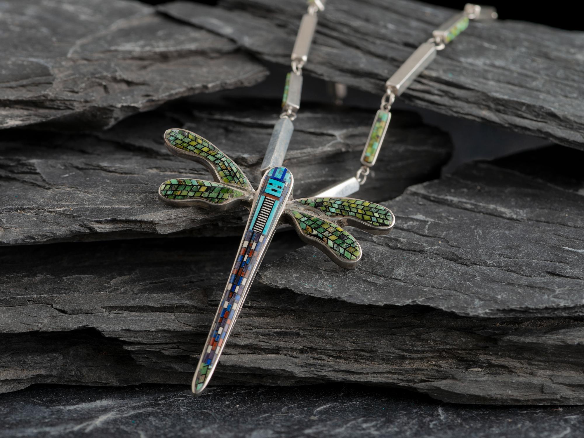 Sterling Silver Micro Mosaic Dragonfly Pendant, with Micro Mosaic Chain