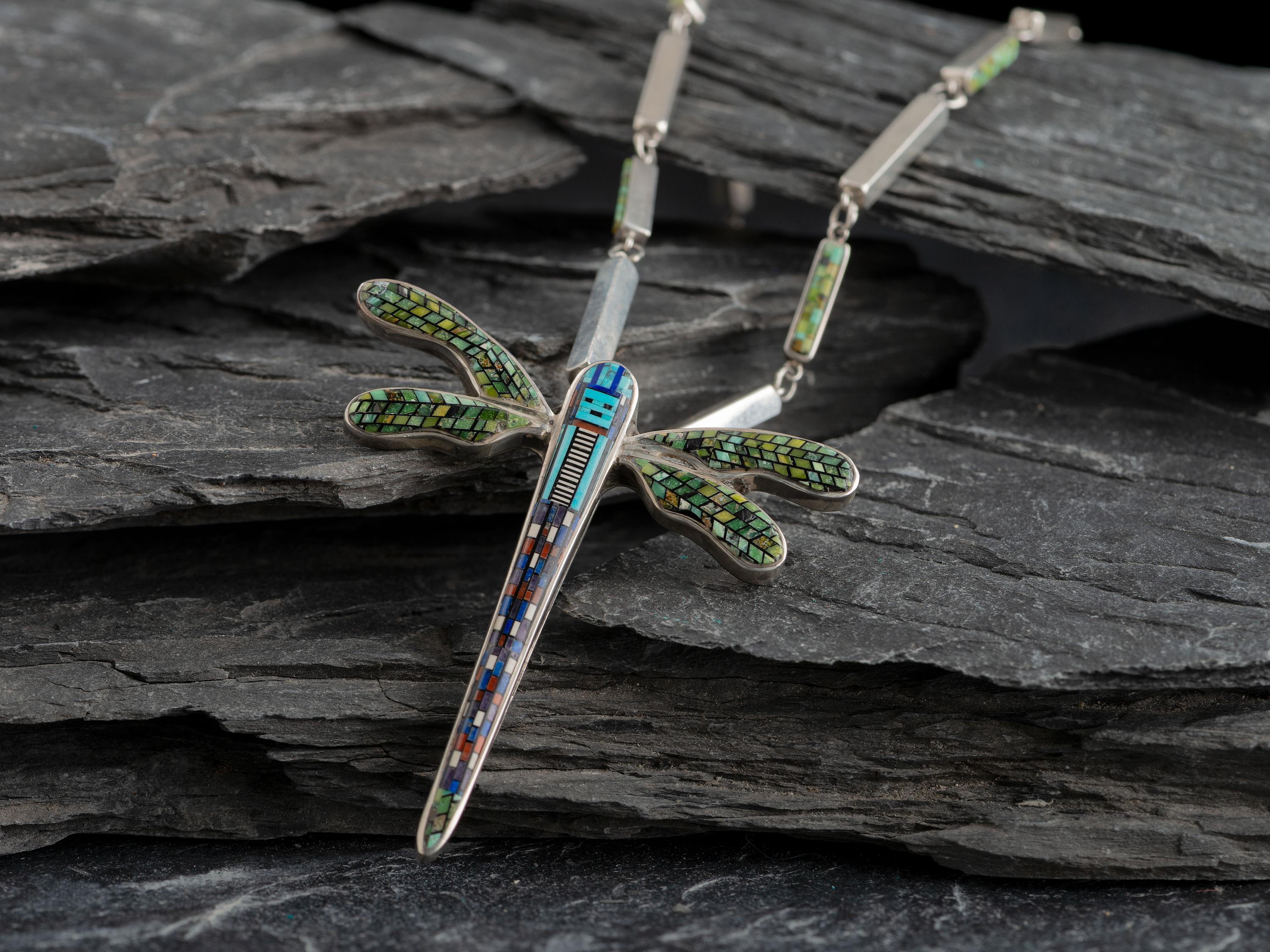 Sterling Silver Micro Mosaic Dragonfly Pendant, with Micro Mosaic Chain