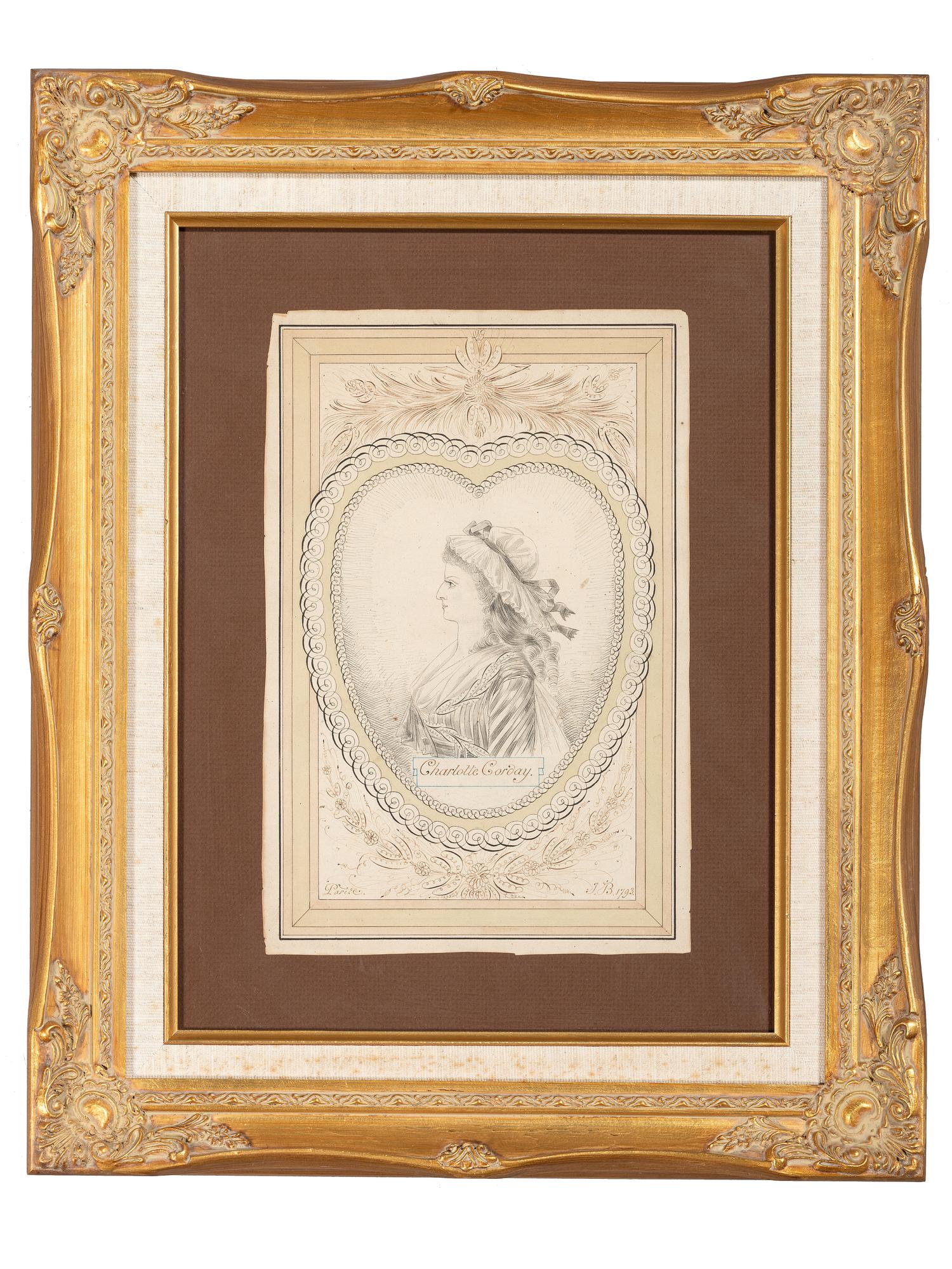 [FRENCH REVOLUTION]. CORDAY, Marie Charlotte (1763-1893). Ink and watercolor portrait of Charlotte Corday.