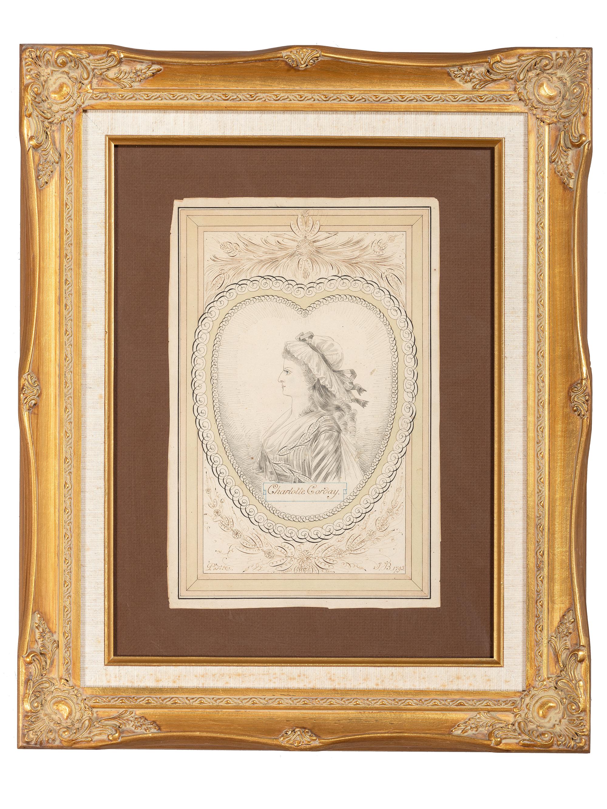 [FRENCH REVOLUTION]. CORDAY, Marie Charlotte (1763-1893). Ink and watercolor portrait of Charlotte Corday.
