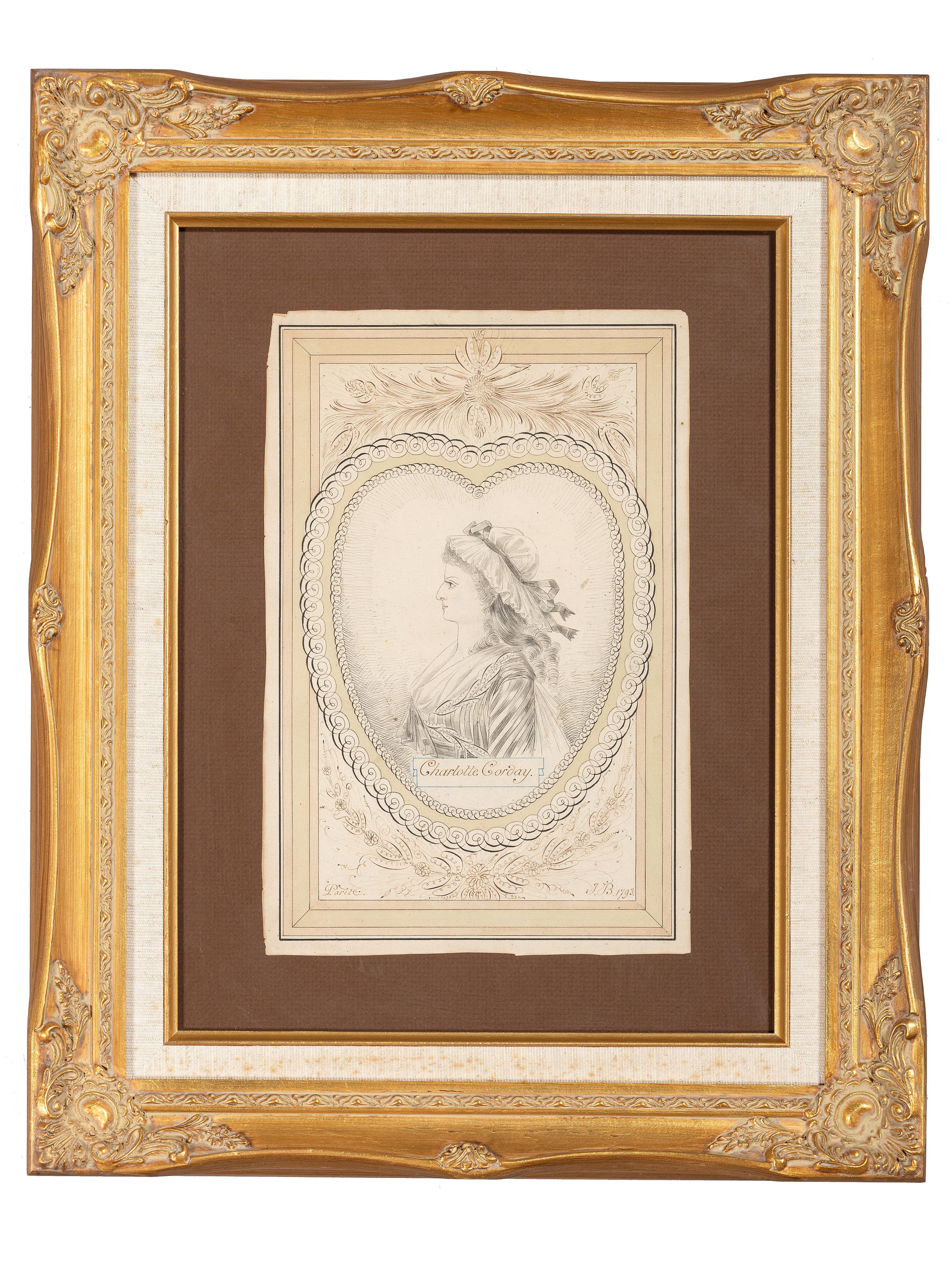 [FRENCH REVOLUTION]. CORDAY, Marie Charlotte (1763-1893). Ink and watercolor portrait of Charlotte Corday.