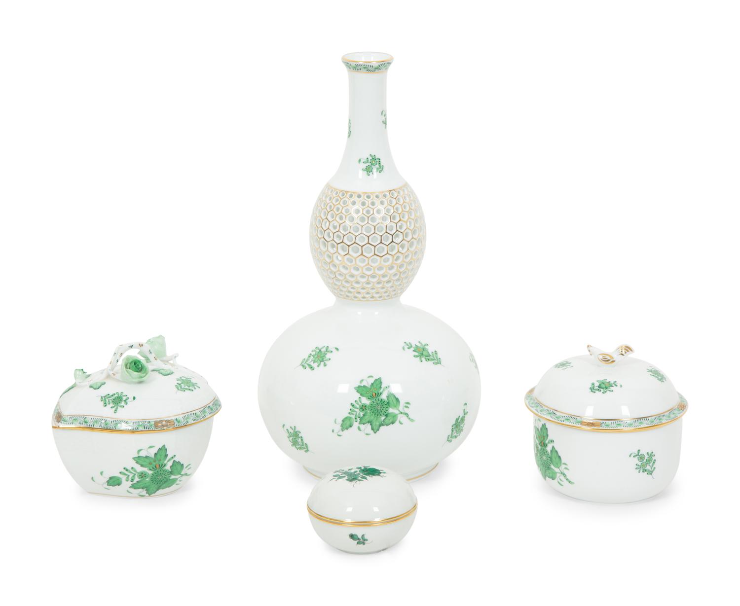 A Group of Three Herend Chinese Bouquet Green Porcelain Articles