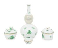 A Group of Three Herend Chinese Bouquet Green Porcelain Articles