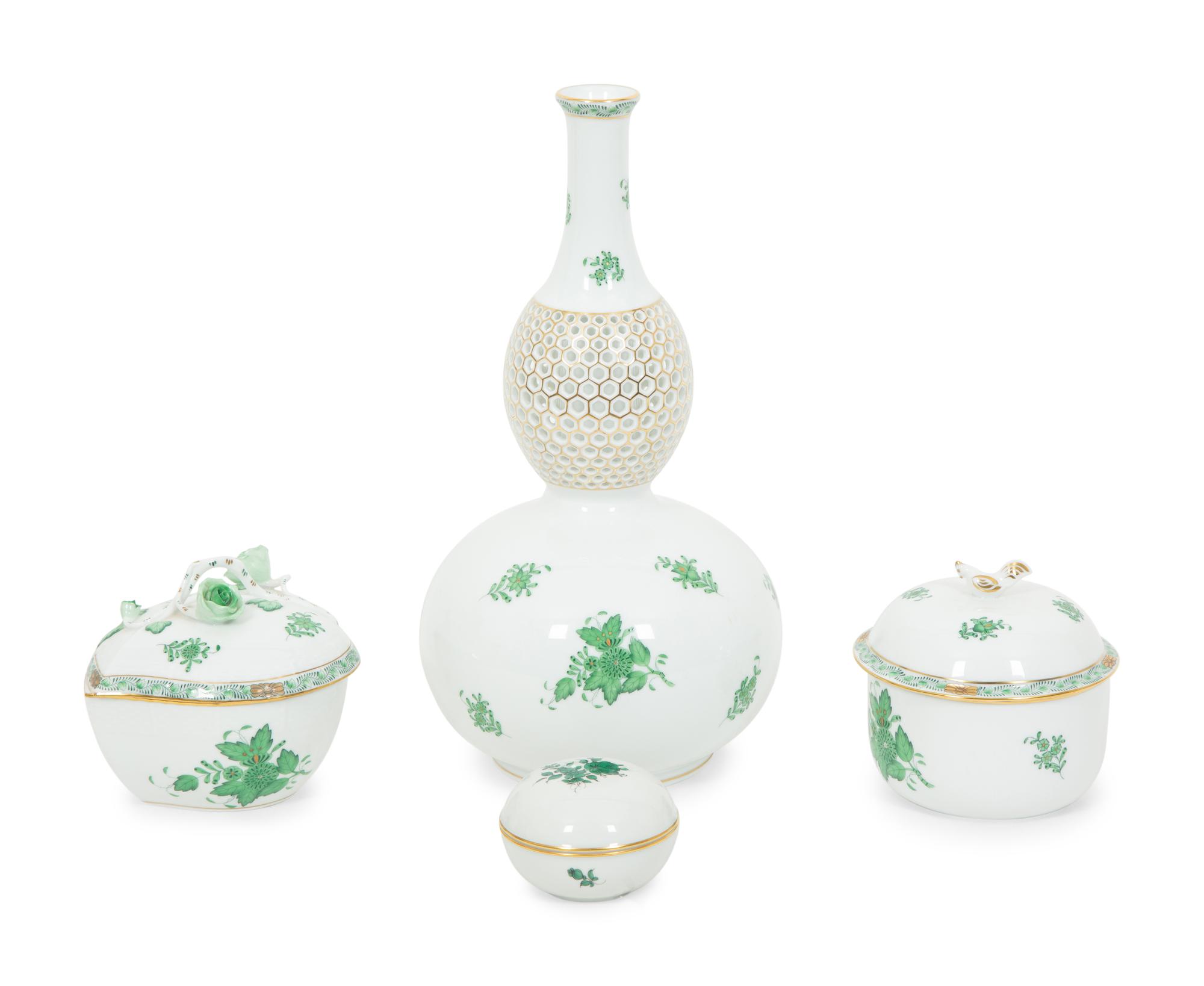 A Group of Three Herend Chinese Bouquet Green Porcelain Articles