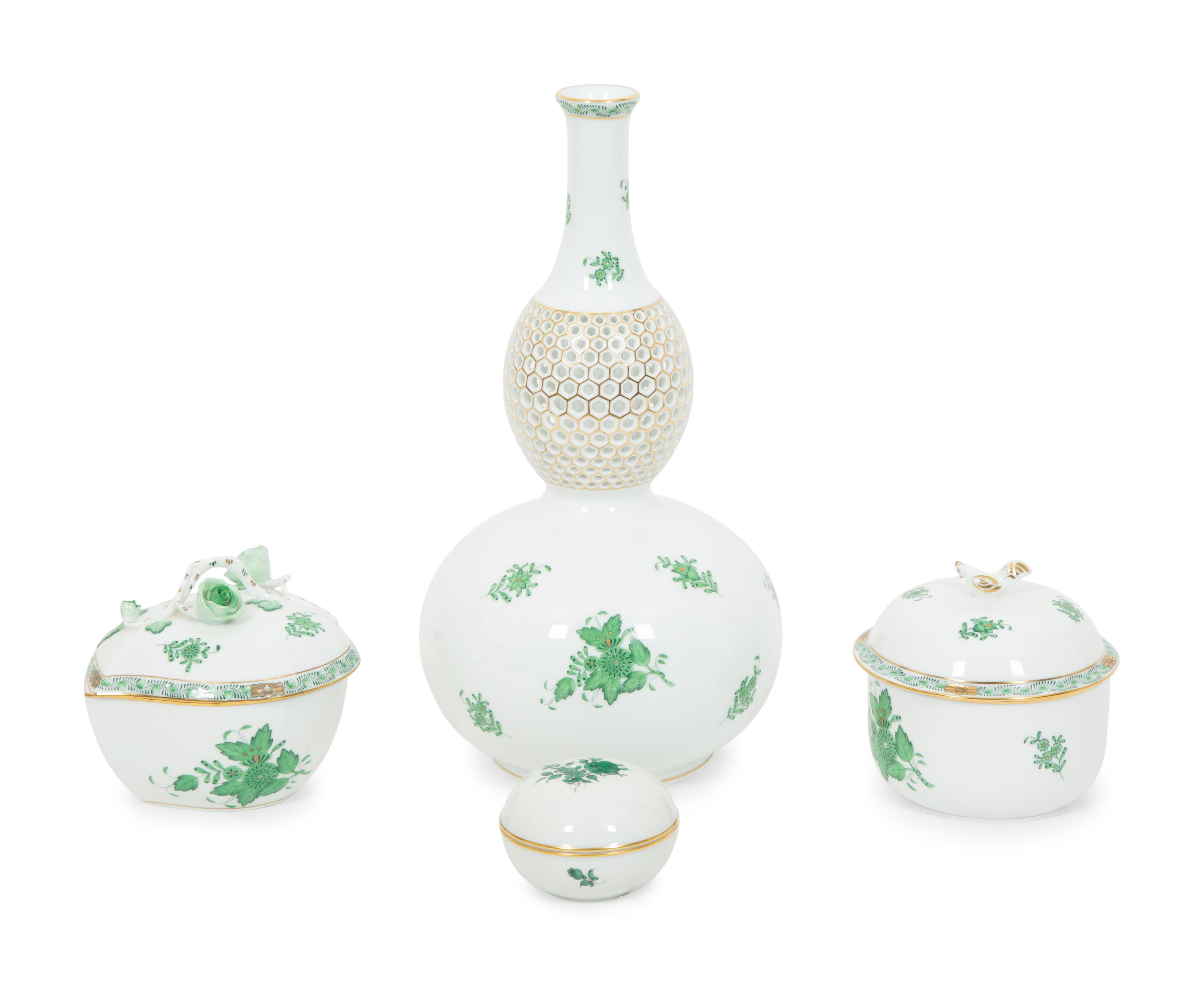 A Group of Three Herend Chinese Bouquet Green Porcelain Articles