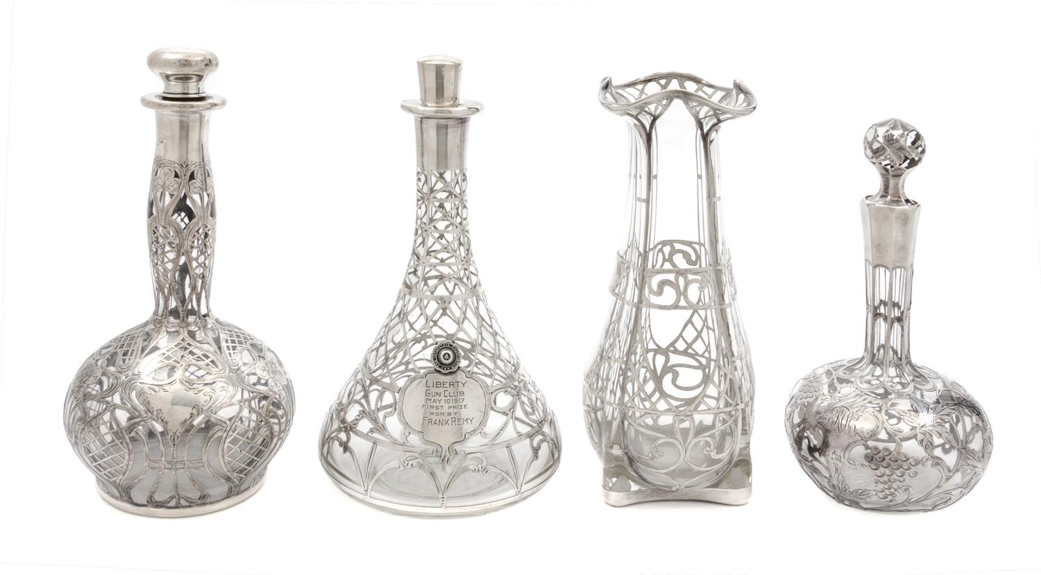 A Group of Four Silver Overlay Glass Articles Height of tallest 9 inches.