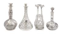 A Group of Four Silver Overlay Glass Articles Height of tallest 9 inches.