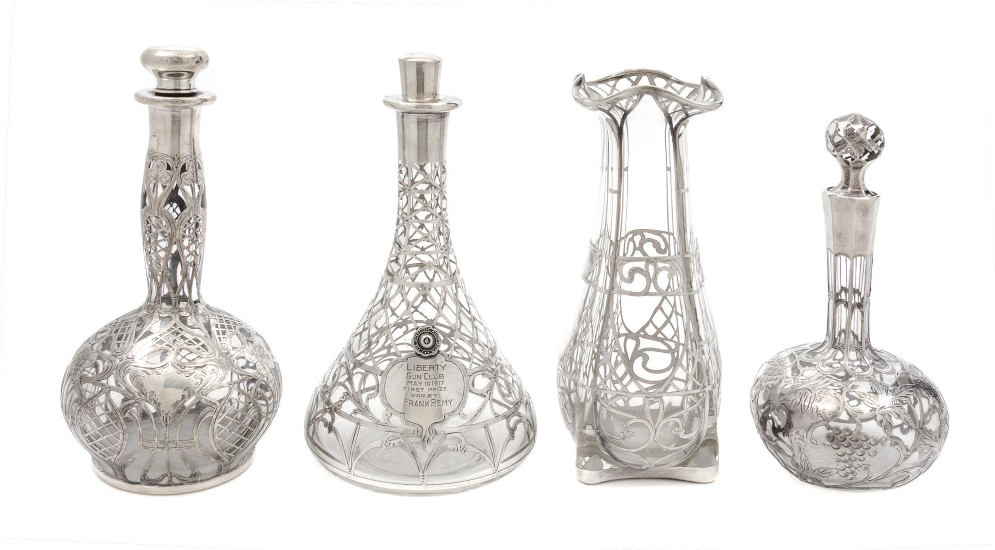 A Group of Four Silver Overlay Glass Articles Height of tallest 9 inches.