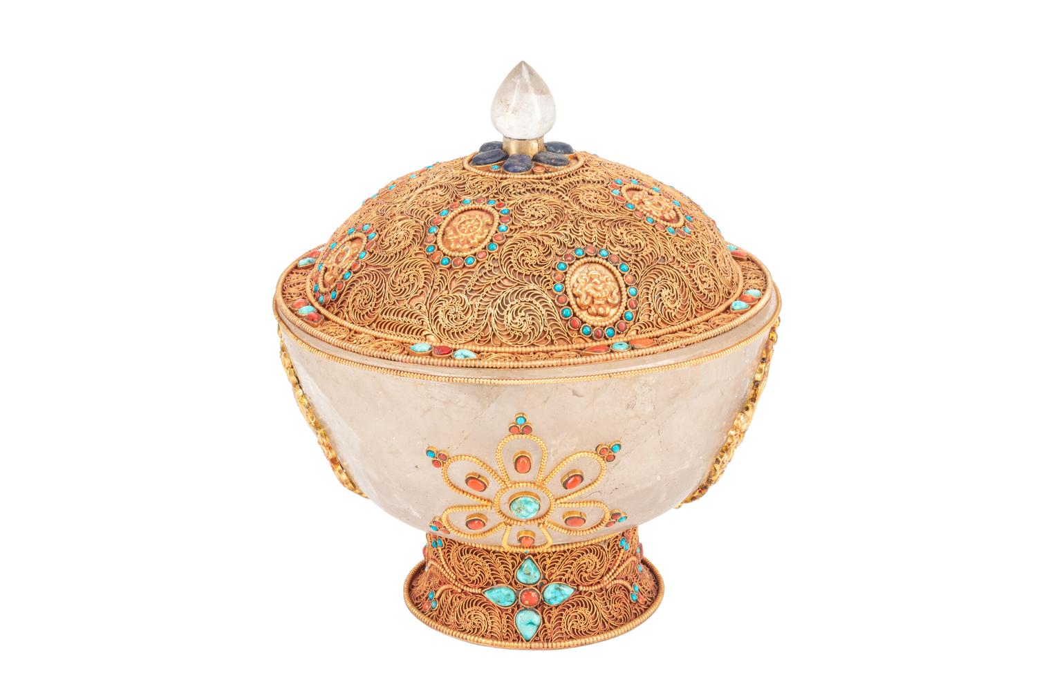 A Jeweled Gilt Filigree Metal and Rock Crystal Bowl and Cover