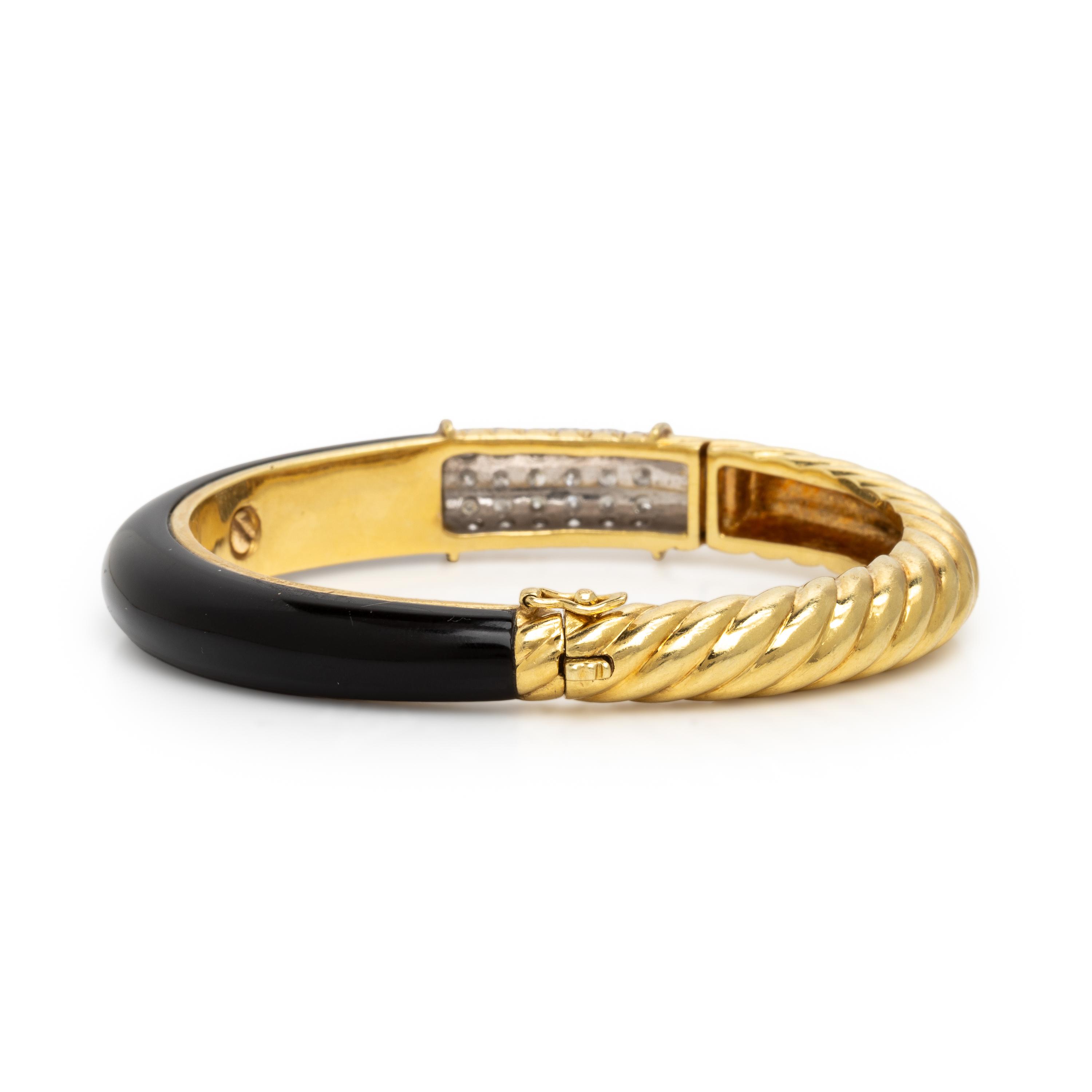Pair of Enamel, Diamond, and Yellow Gold Bangle Bracelets