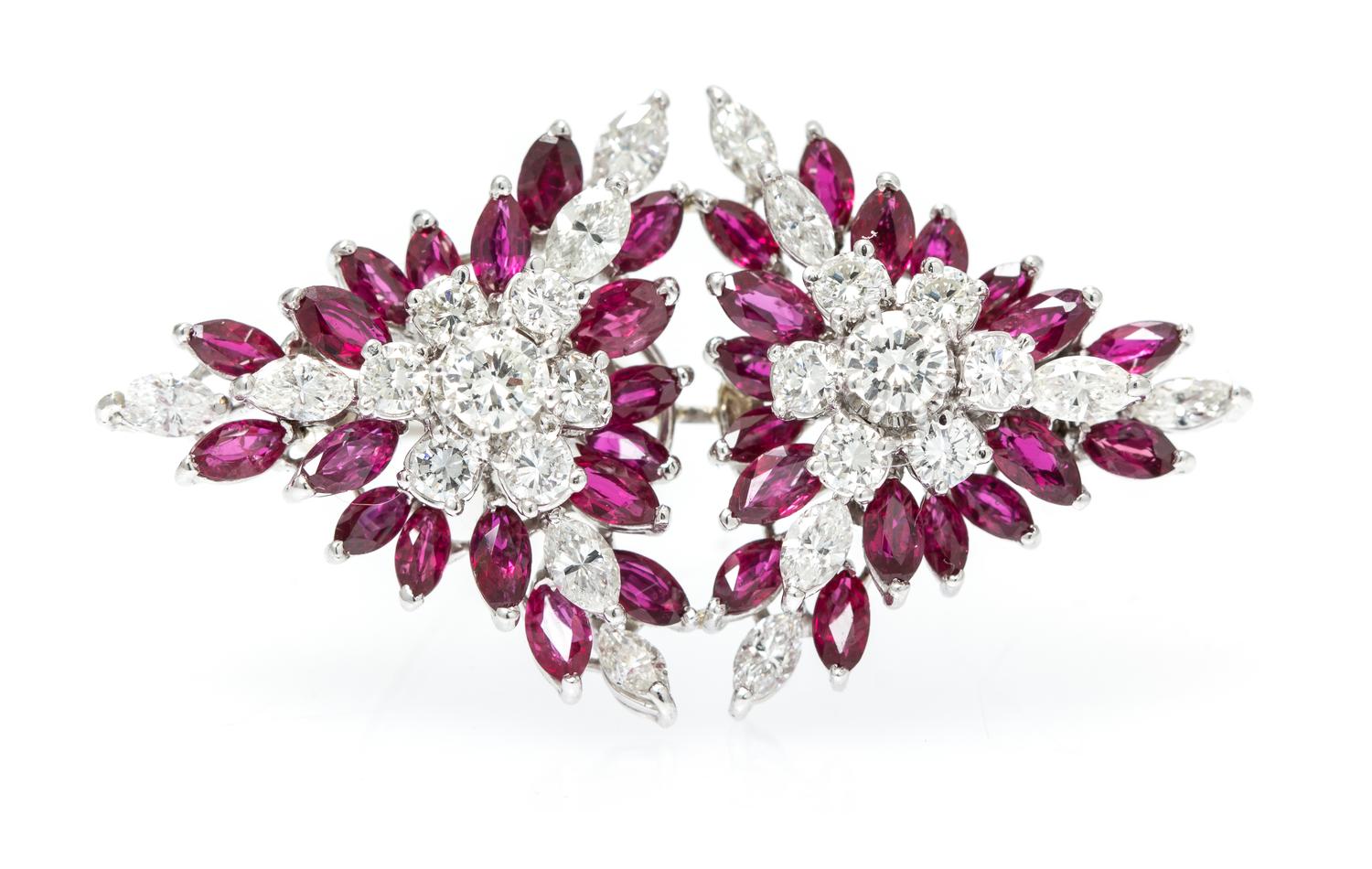 An 18 Karat White Gold Diamond and Ruby Brooch, 8.80 dwts.