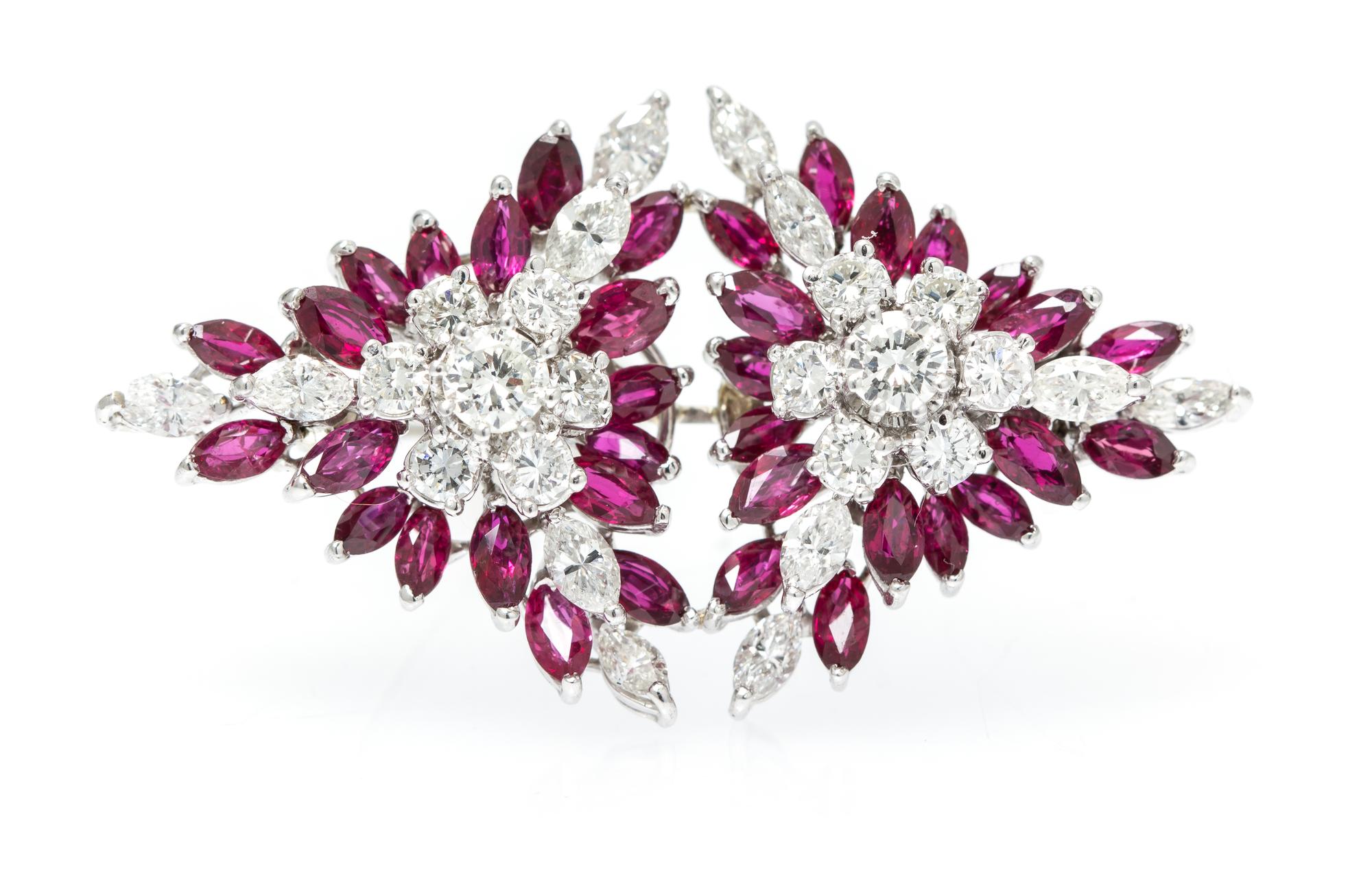 An 18 Karat White Gold Diamond and Ruby Brooch, 8.80 dwts.