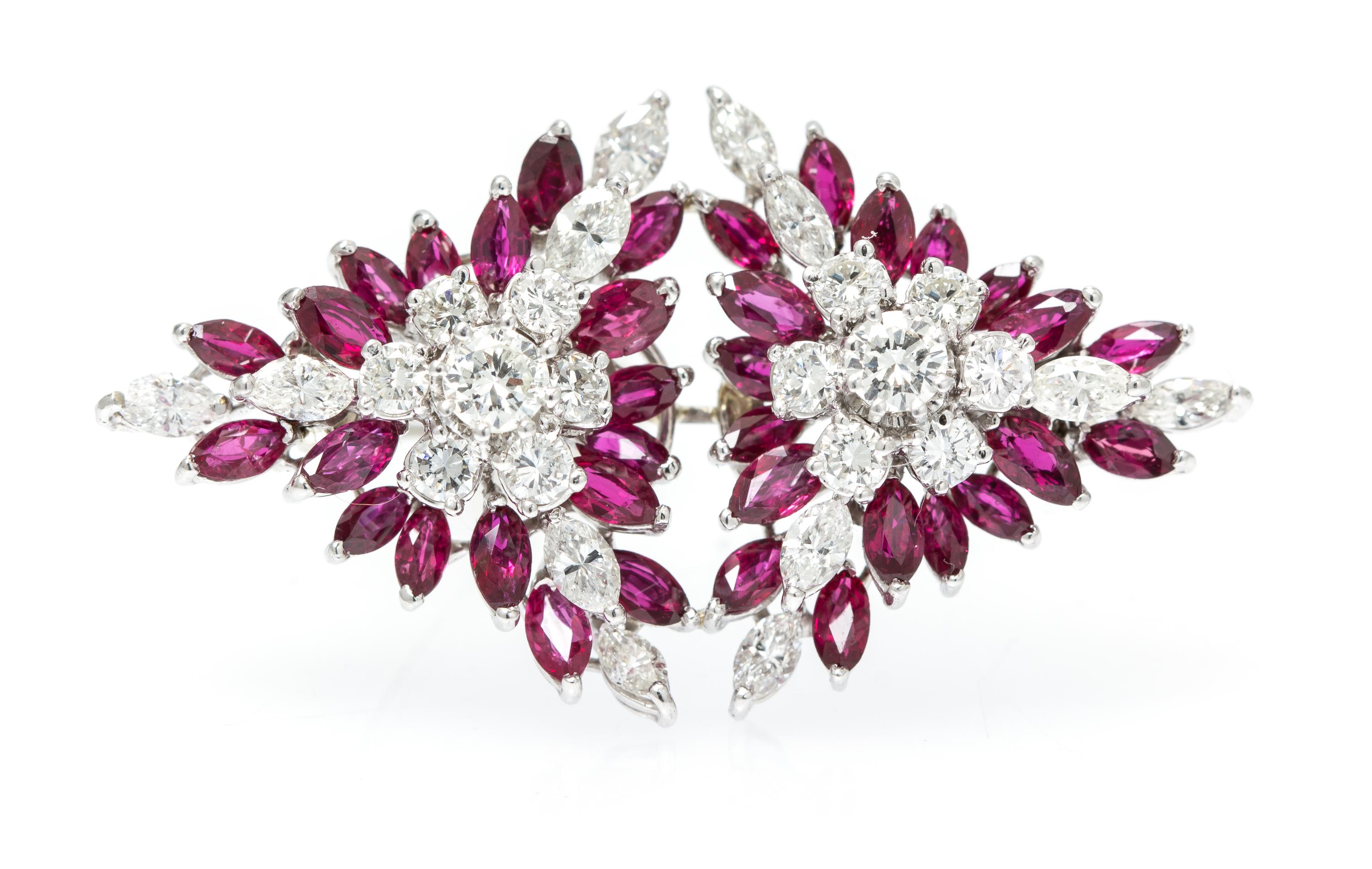 An 18 Karat White Gold Diamond and Ruby Brooch, 8.80 dwts.