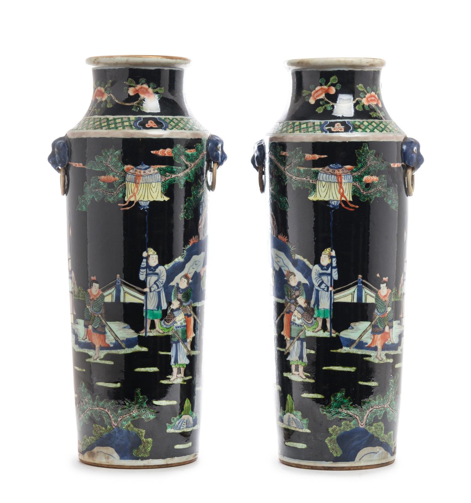 A Pair of Chinese Famille Noire Porcelain Vases Height 17 3/8 inches.