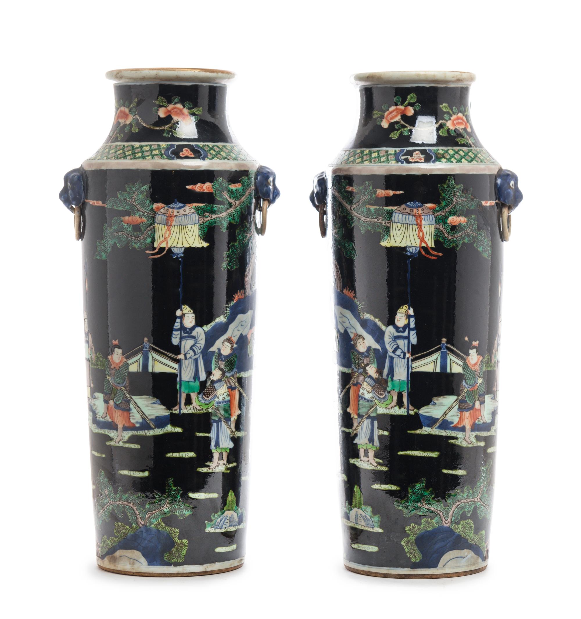 A Pair of Chinese Famille Noire Porcelain Vases Height 17 3/8 inches.