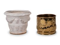 A White Glazed Pottery Jardinière and a Brass Jardinière