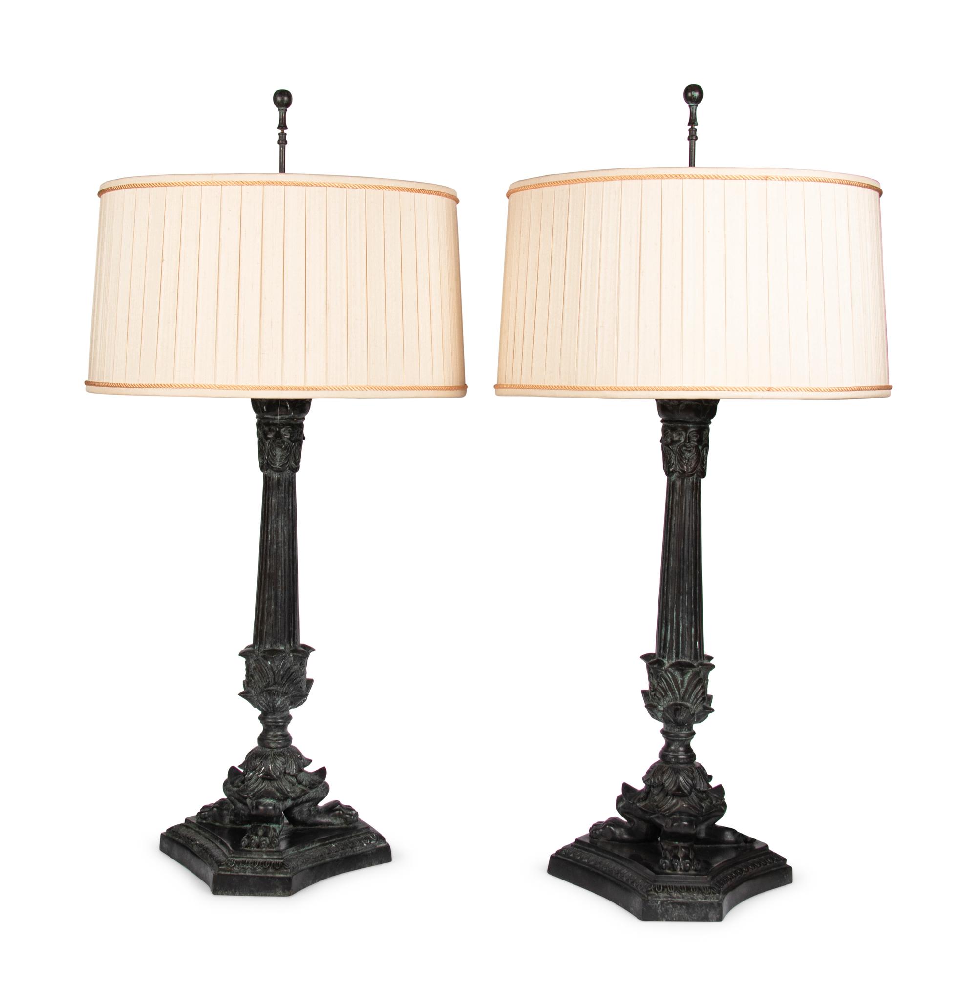 A Pair of Empire Style Patinated Cast Metal Lamps