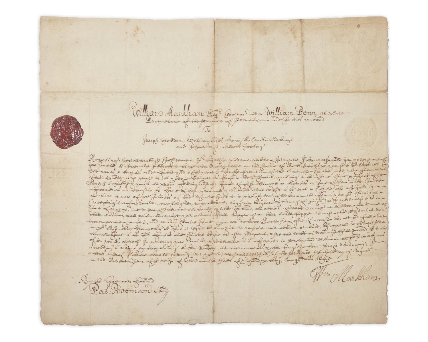 [Philadelphia & Pennsylvania] Markham, William. Manuscript Document, signed
