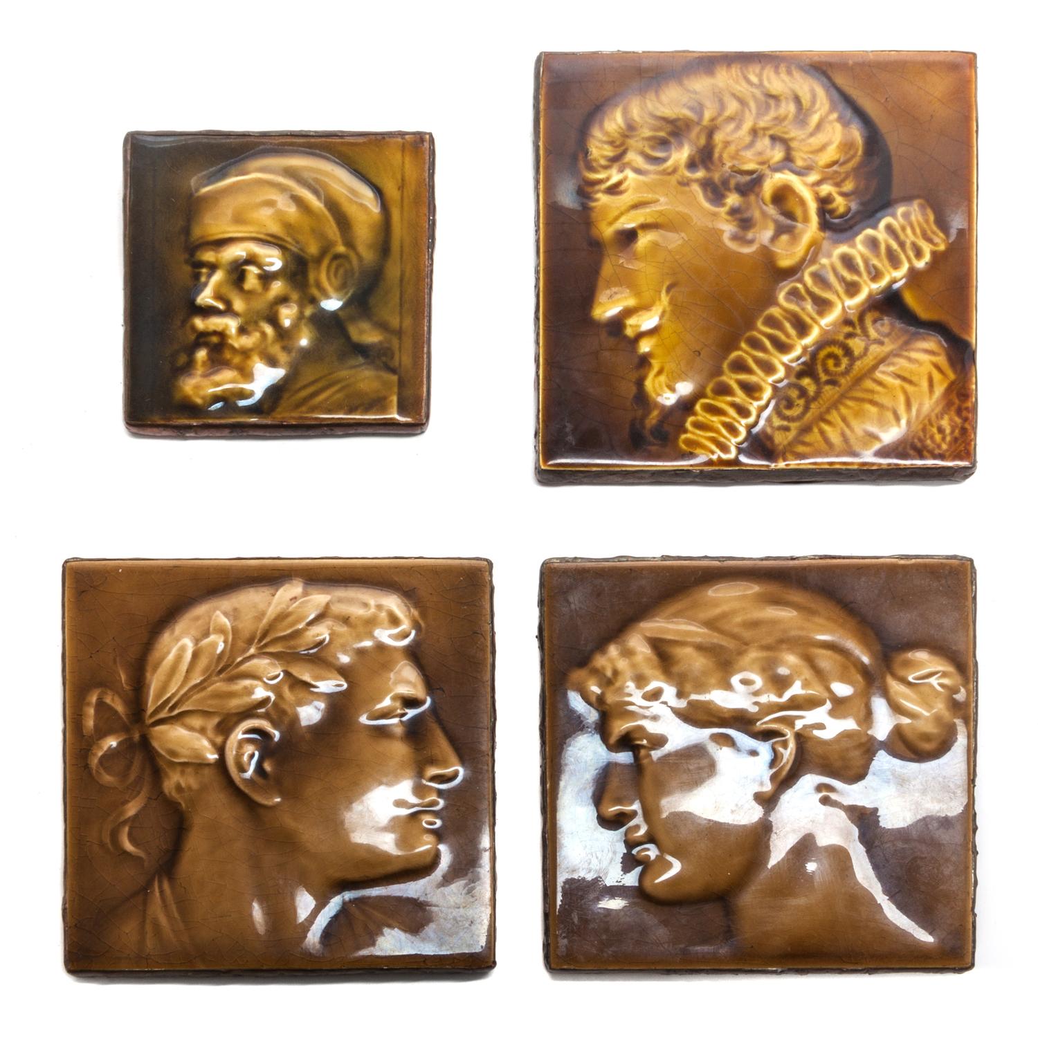 A Collection of Seven Pottery Tiles Average height 6 1/2 inches.