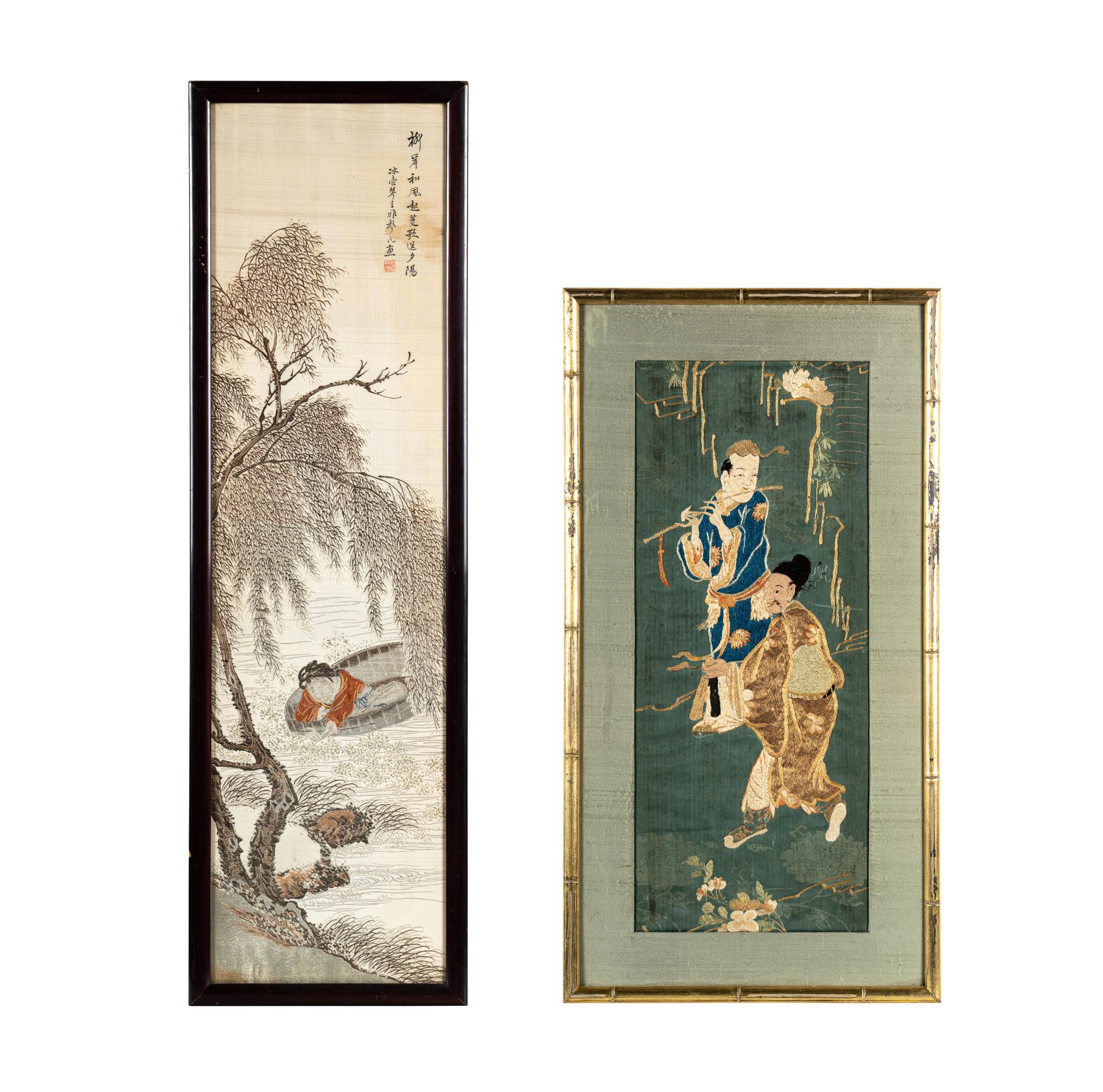 Two Chinese Embroidered Silk Panels