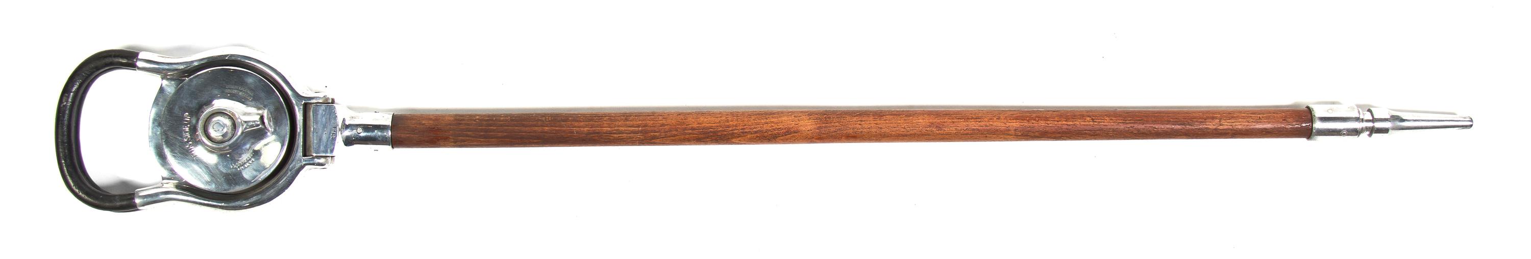 An English Chromed and Mahogany Munitions Shooting Stick, Elite, Height overall 35 1/4 inches.