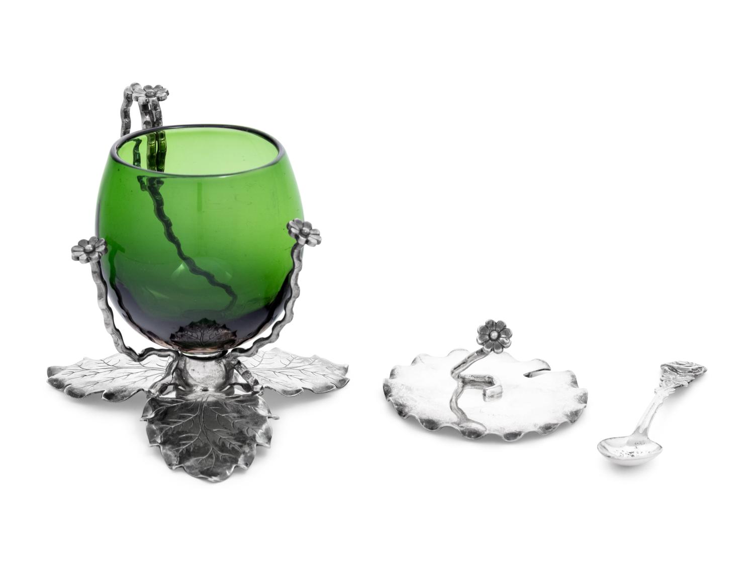 An American Silver-Plate and Emerald Glass Mustard Pot