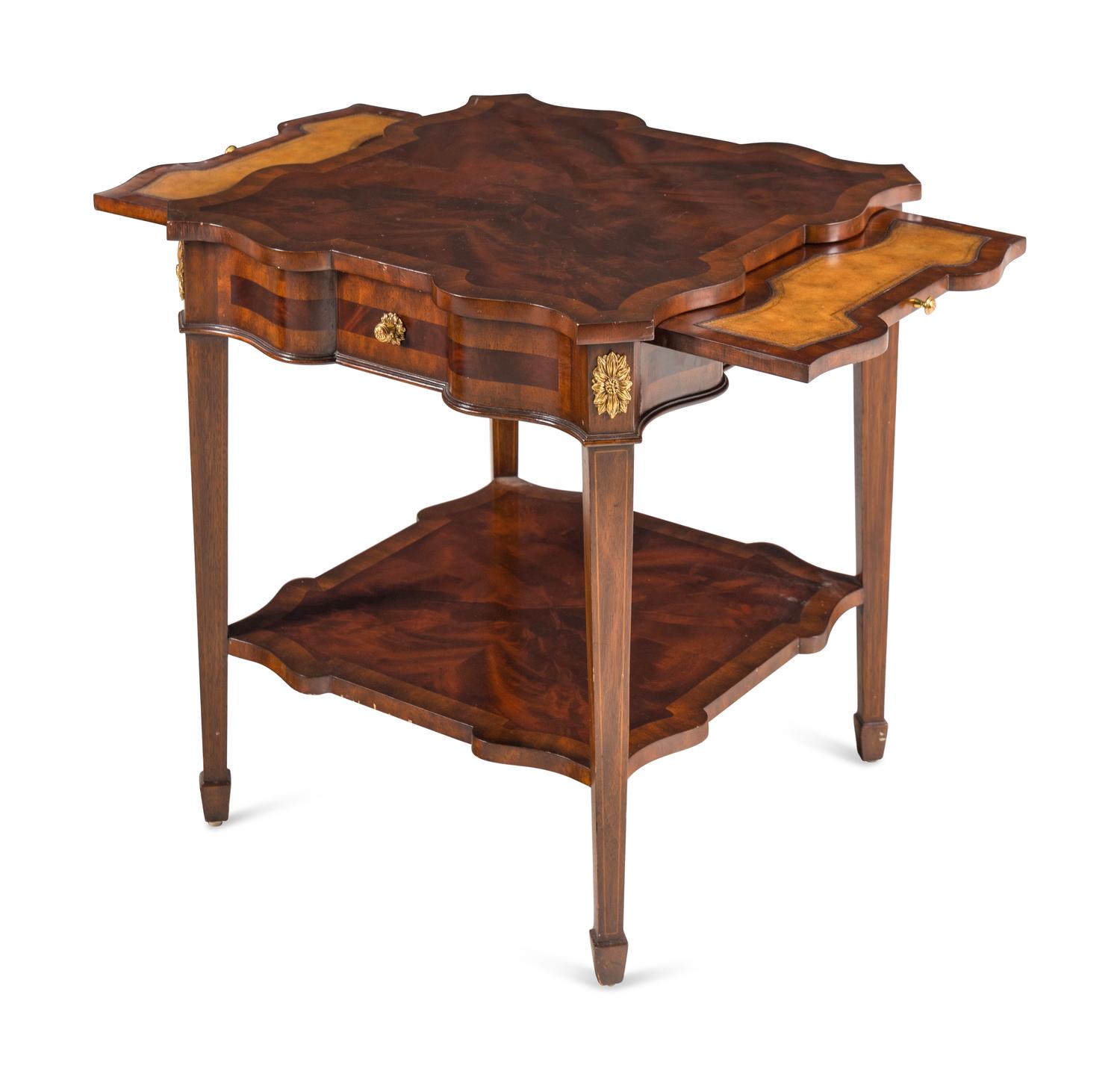 A Pair of Louis XVI Style Gilt Bronze Mounted Walnut Side Tables