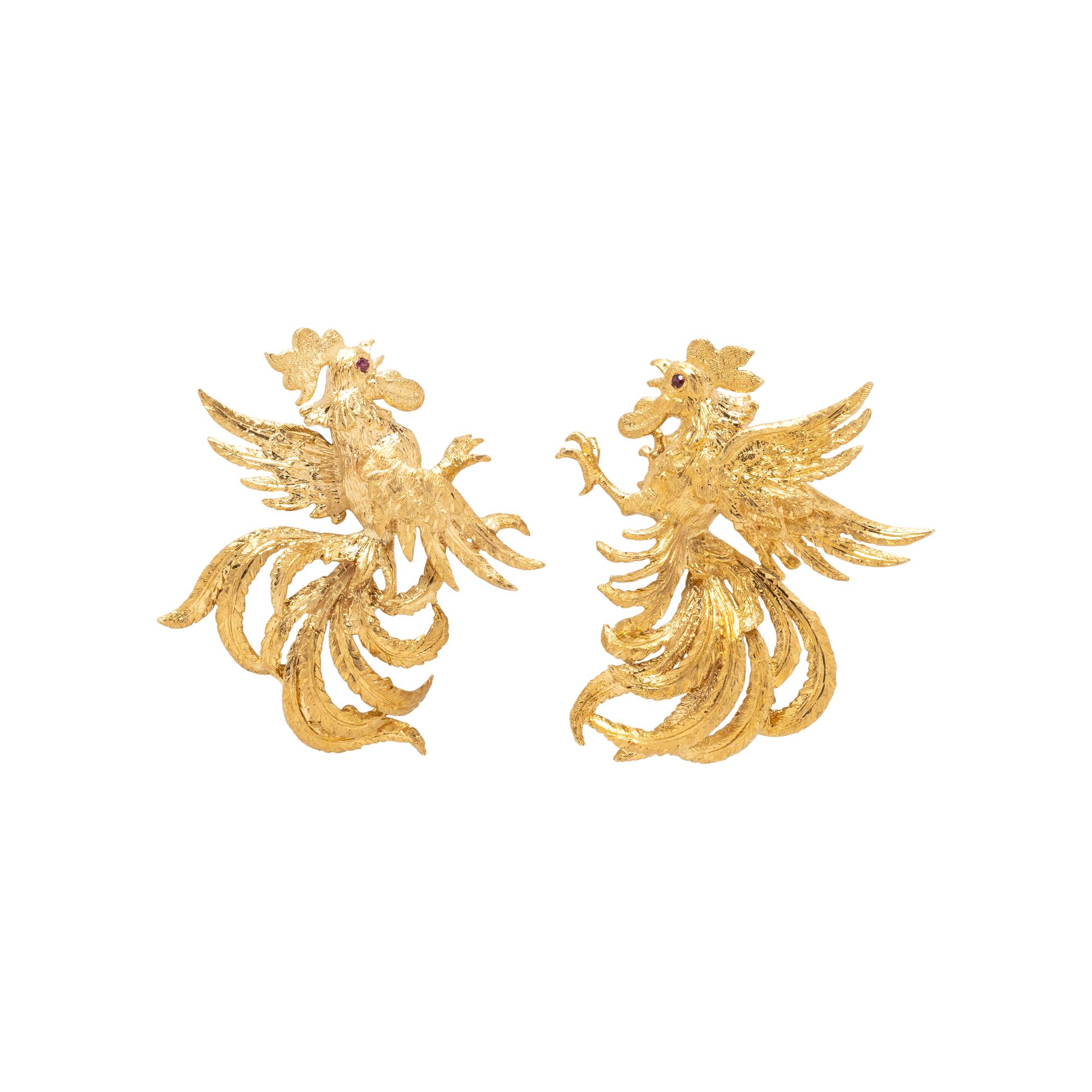 PAIR OF YELLOW GOLD AND RUBY ROOSTER BROOCHES