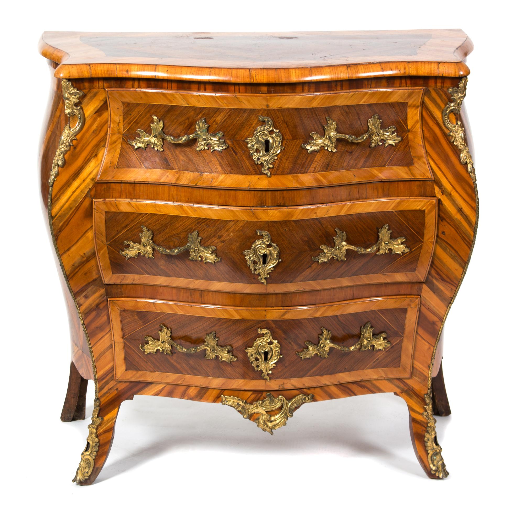 A Louis XV Style Gilt Bronze Mounted Kingwood Bombe Commode Height 33 x width 35 1/2 x depth 20 inches. — 19TH CENTURY