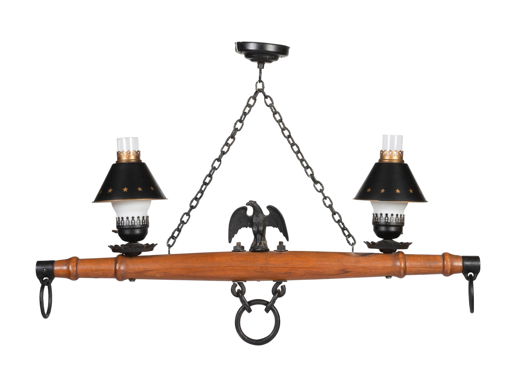 A Wood and Metal Wagon Yoke Two-Light Fixture
