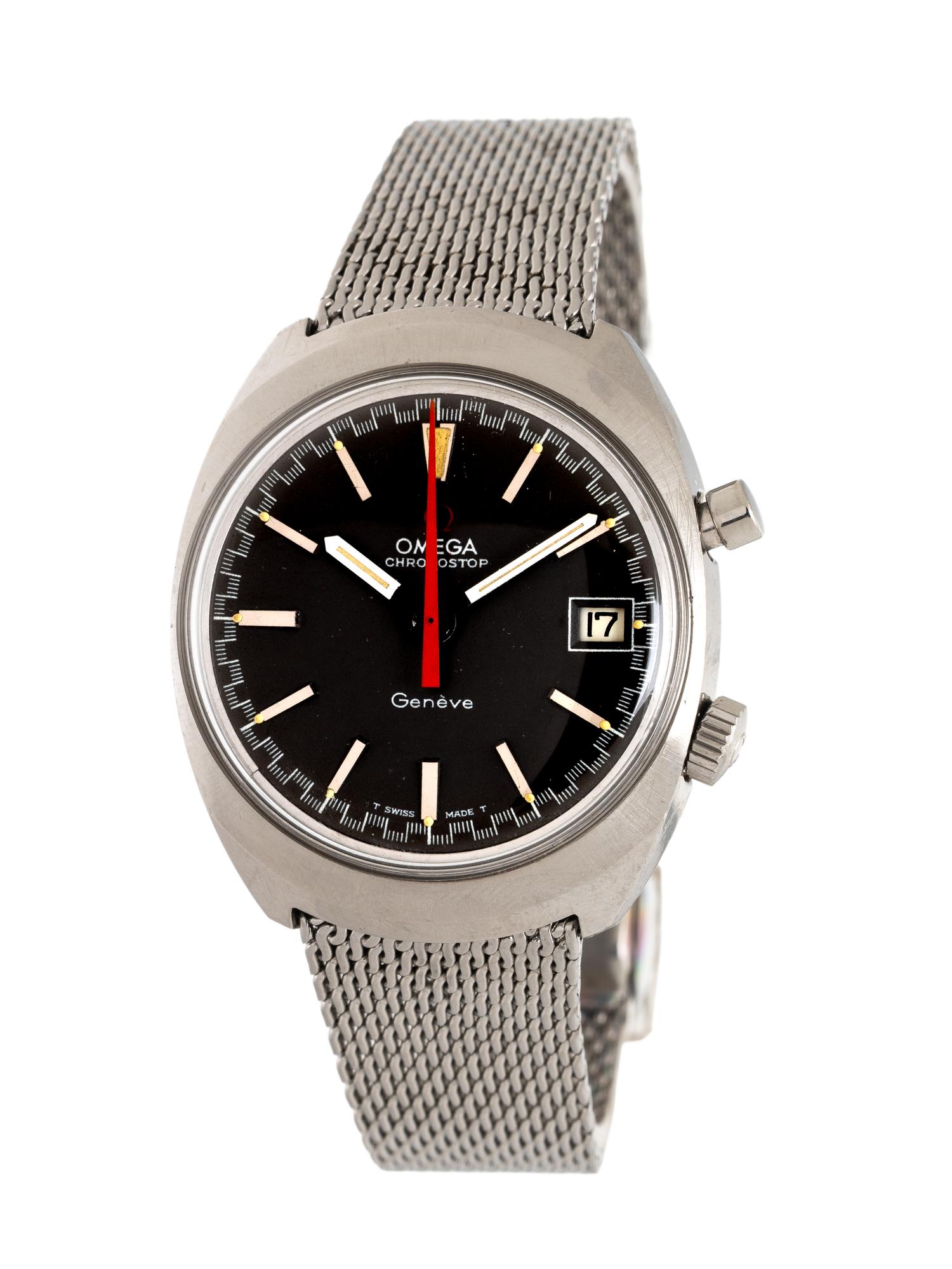 OMEGA, REF. 146.009 STAINLESS STEEL 'CHRONOSTOP' FLYBACK CHRONOGRAPH DATE WATCH, ORIGINAL OMEGA MESH BRACELET