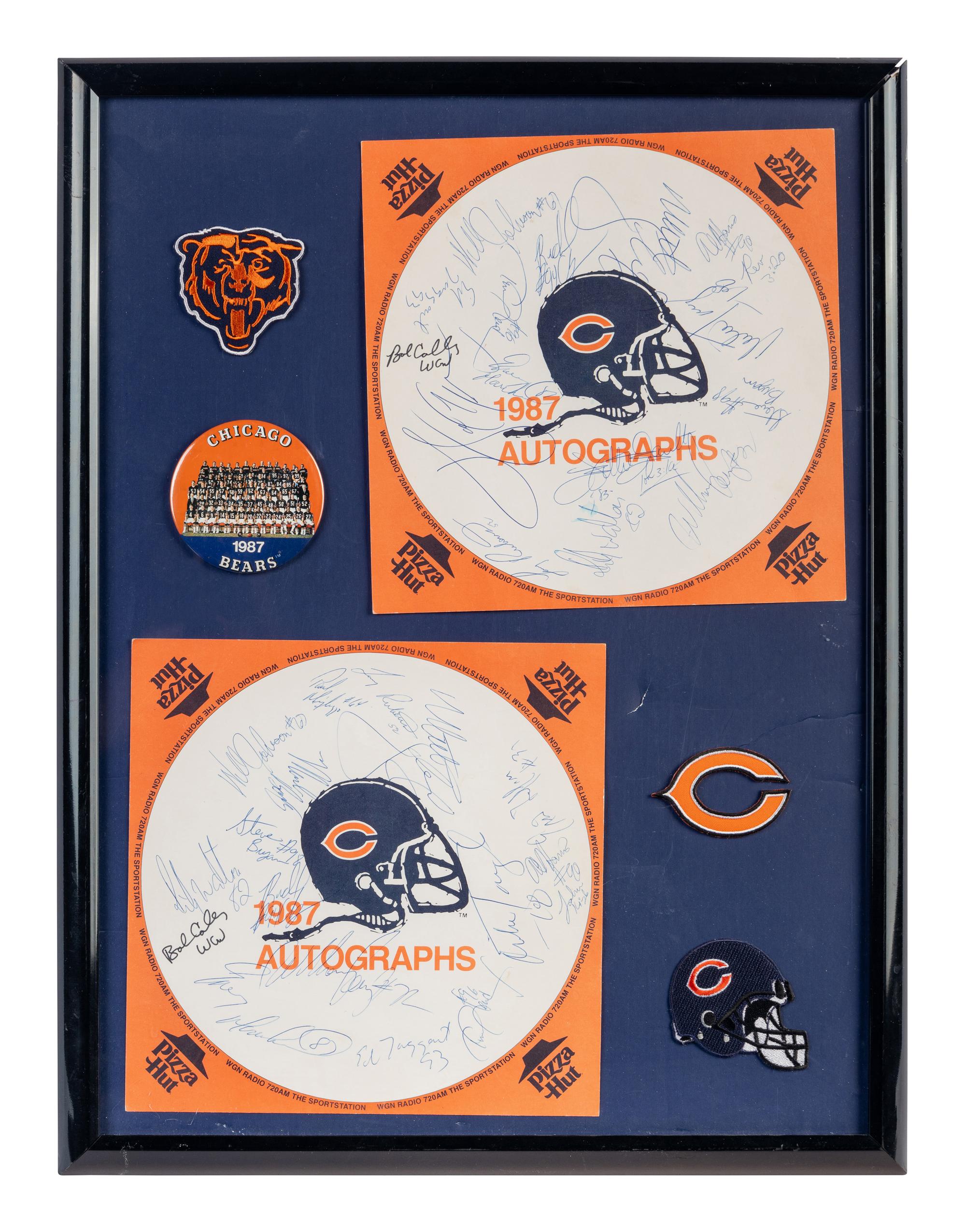 A 1987 Chicago Bears Team Signed Display Including Walter Payton, William Perry and Dan Hampton,