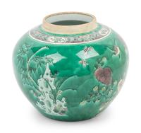 A Large Chinese Export Famille Verte Porcelain Covered Jar and A Chinese Painted Stoneware Cachepot