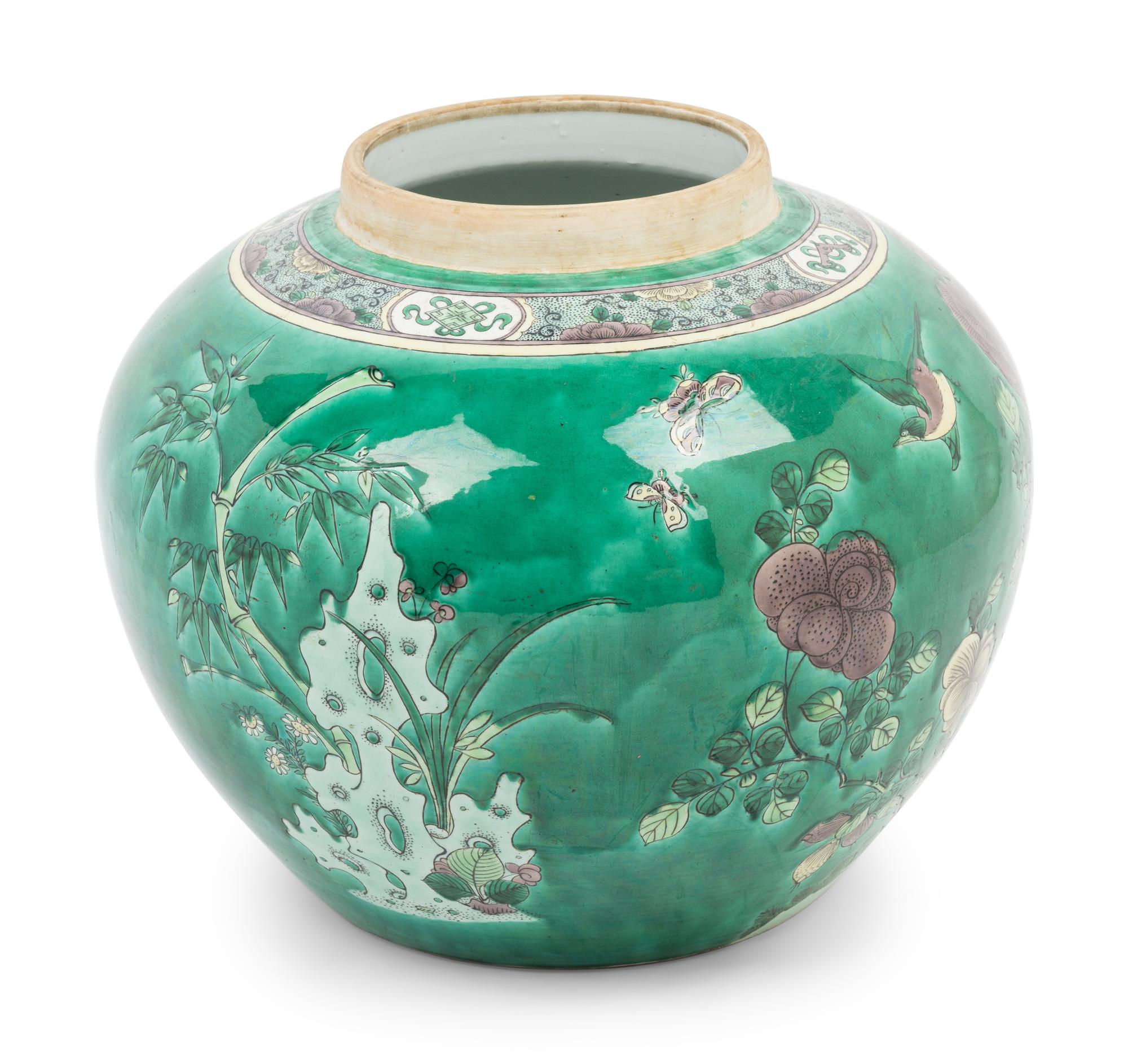 A Large Chinese Export Famille Verte Porcelain Covered Jar and A Chinese Painted Stoneware Cachepot