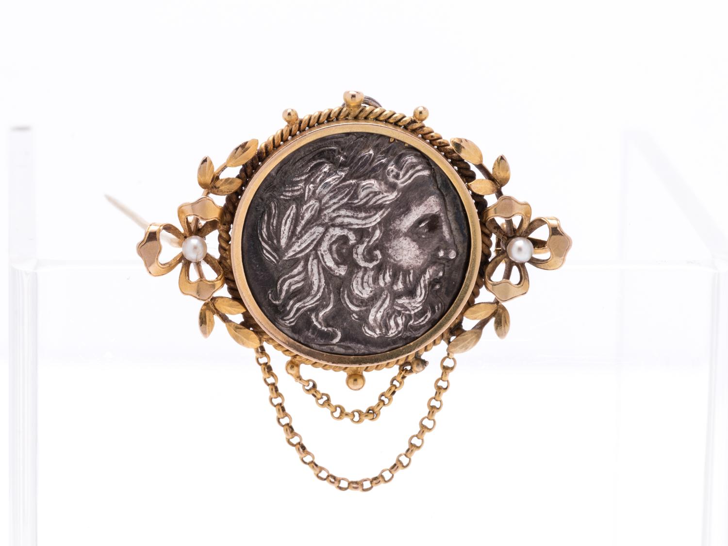 YELLOW GOLD AND GREEK COIN PENDANT/BROOCH