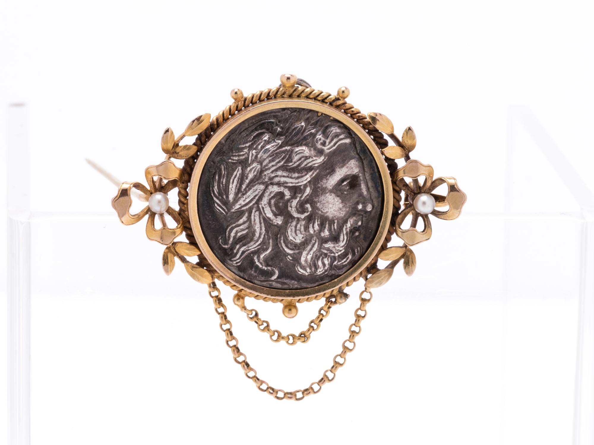 YELLOW GOLD AND GREEK COIN PENDANT/BROOCH