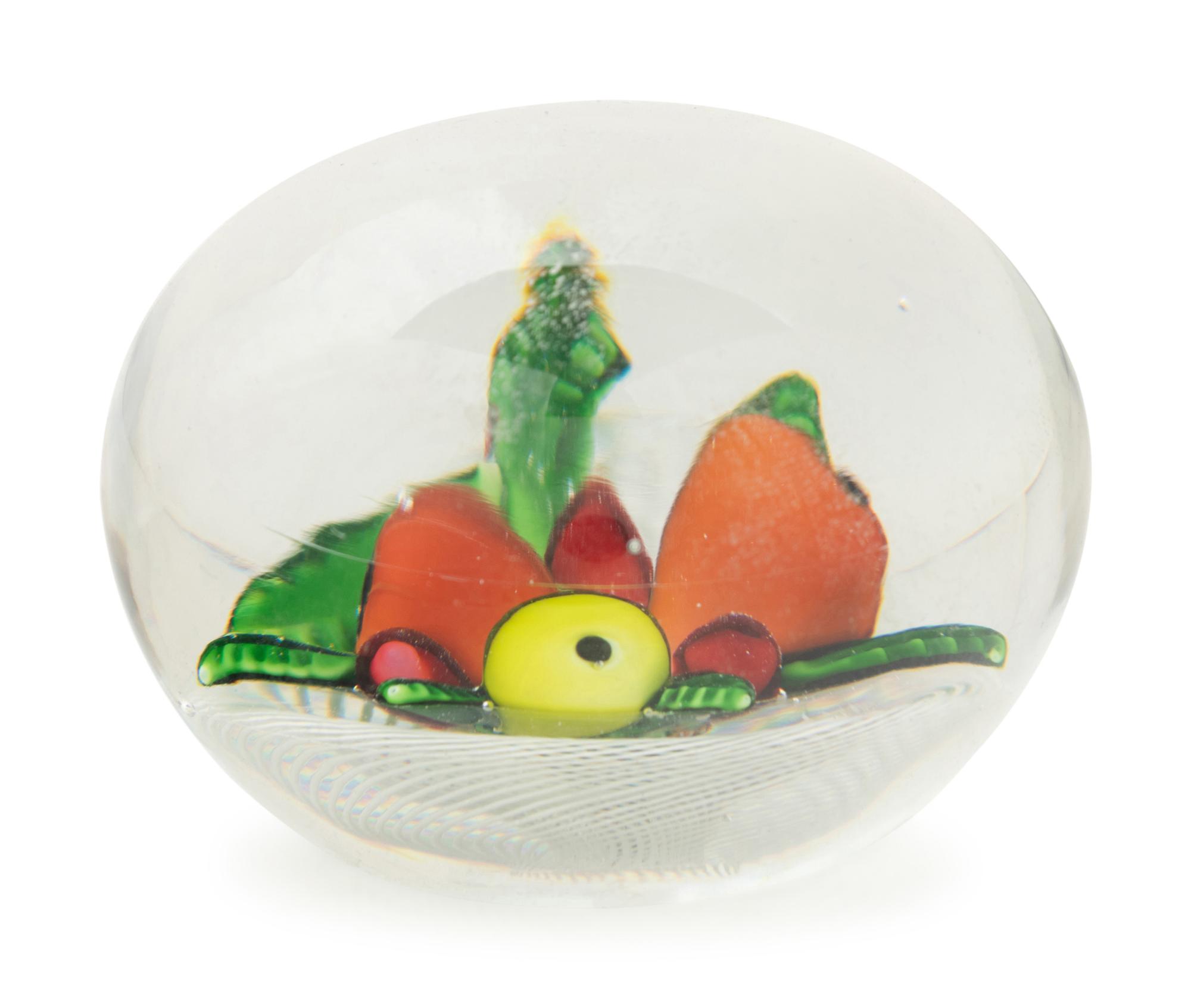 A Saint Louis Fruit Over Latticino Basket Glass Paperweight