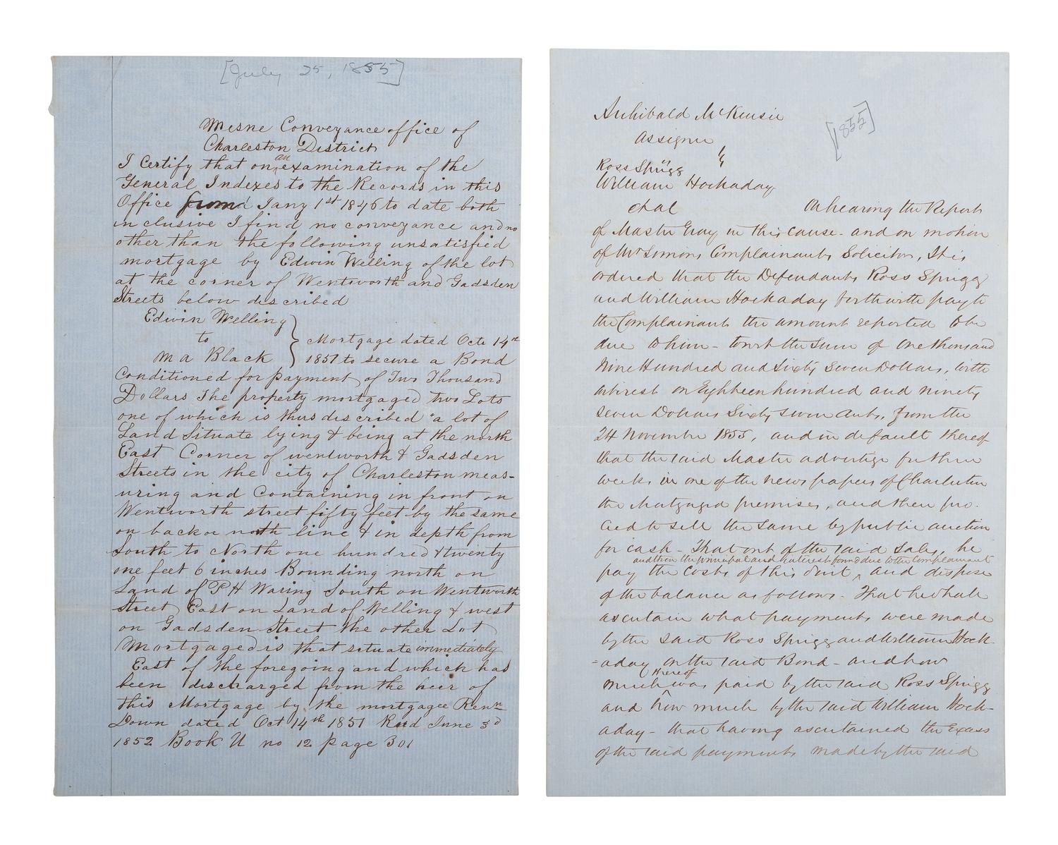 [SOUTH CAROLINA]. Group of 19th-century legal documents, including: