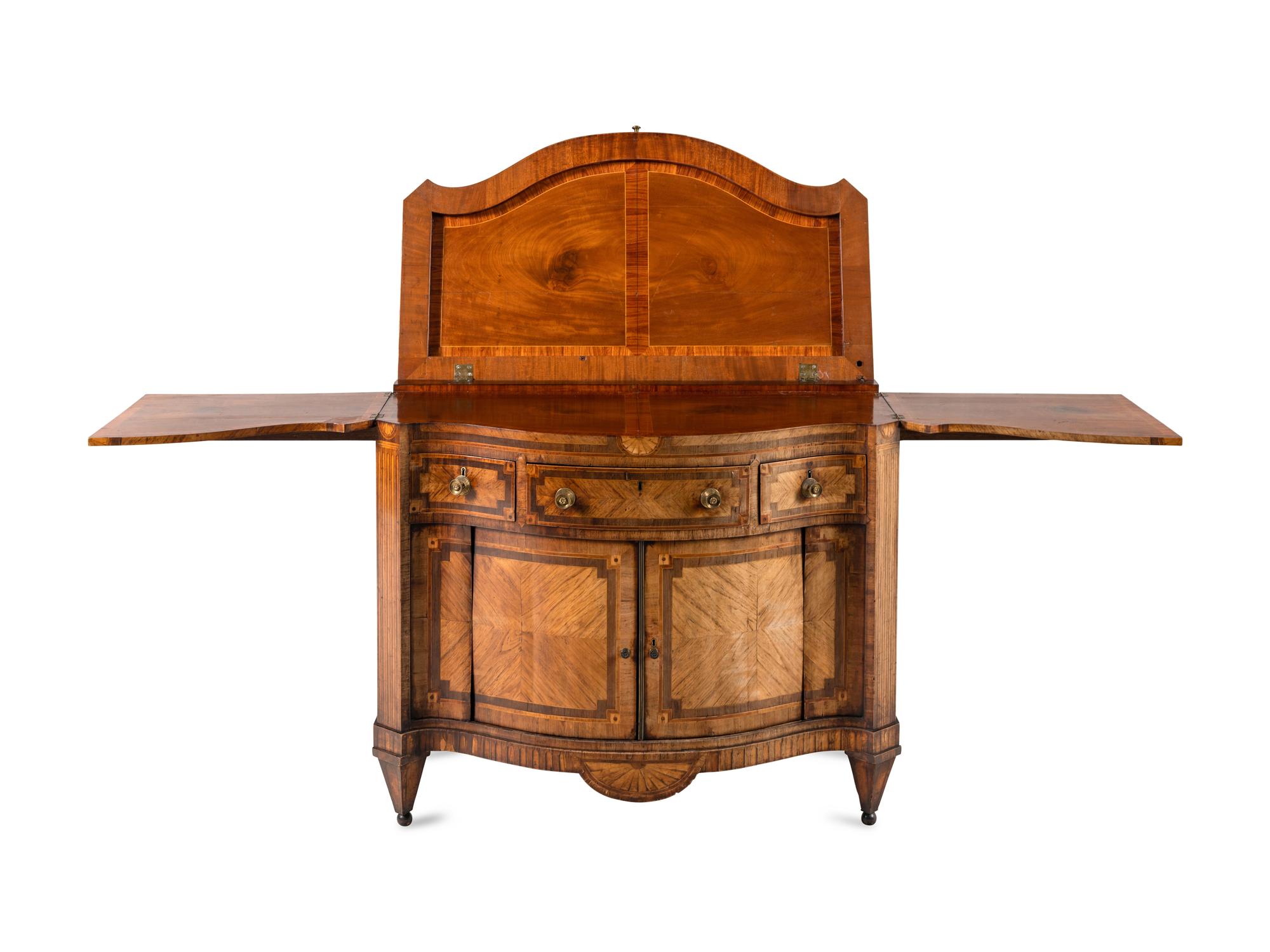 An Anglo-Dutch Tulipwood, Rosewood, Mahogany and Burr Elm Serpentine Klapbuffet